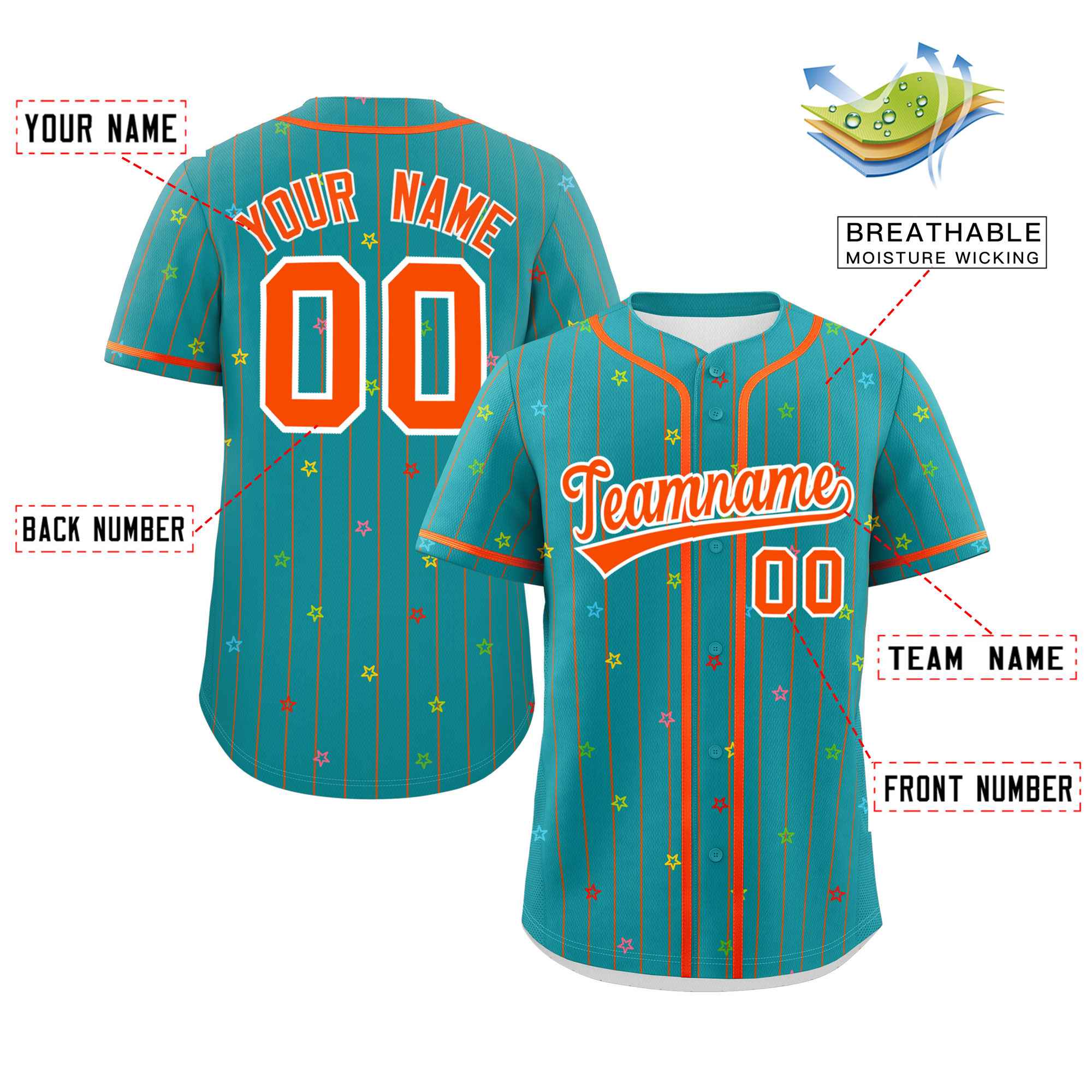 Custom Aqua Orange Stripe Fashion Personalized Star Pattern Authentic Baseball Jersey