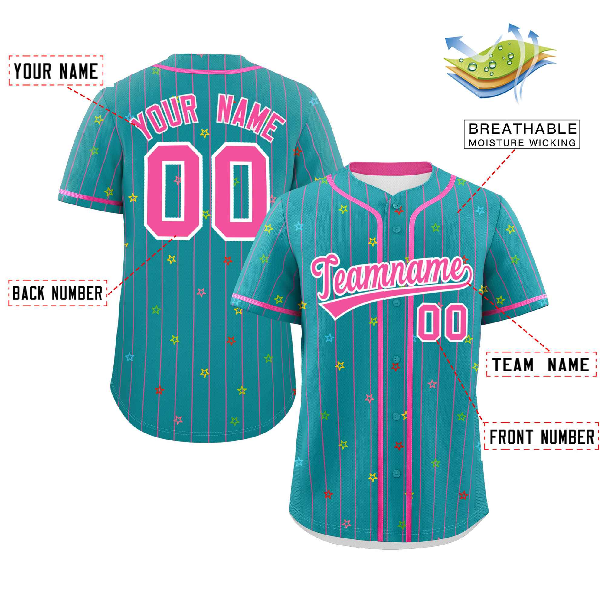 Custom Aqua Pink Stripe Fashion Personalized Star Pattern Authentic Baseball Jersey