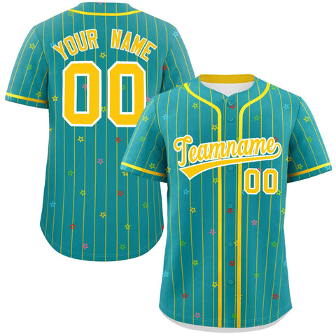 Custom Aqua Gold Stripe Fashion Personalized Star Pattern Authentic Baseball Jersey