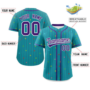 Custom Aqua Purple Stripe Fashion Personalized Star Pattern Authentic Baseball Jersey