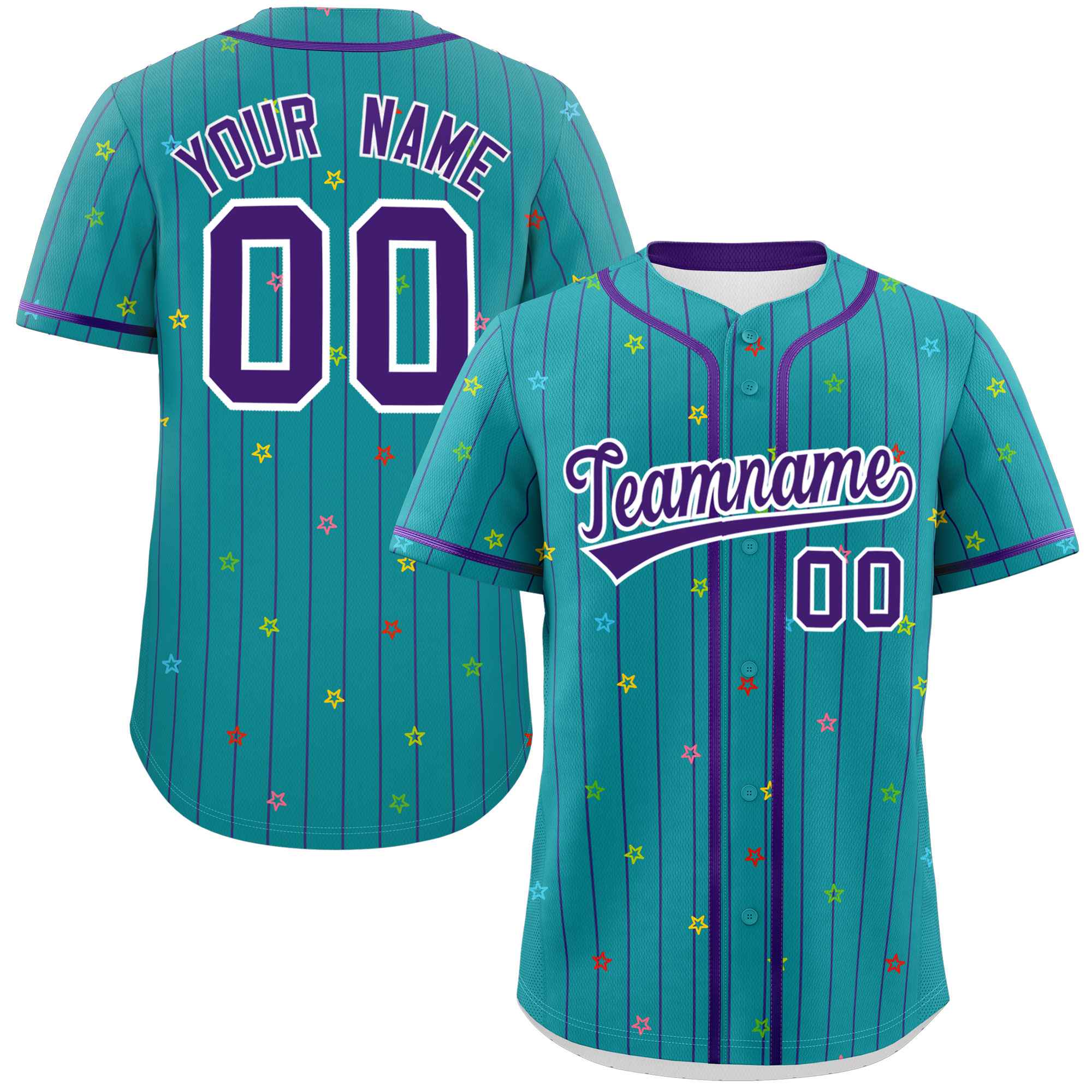 Custom Aqua Purple Stripe Fashion Personalized Star Pattern Authentic Baseball Jersey