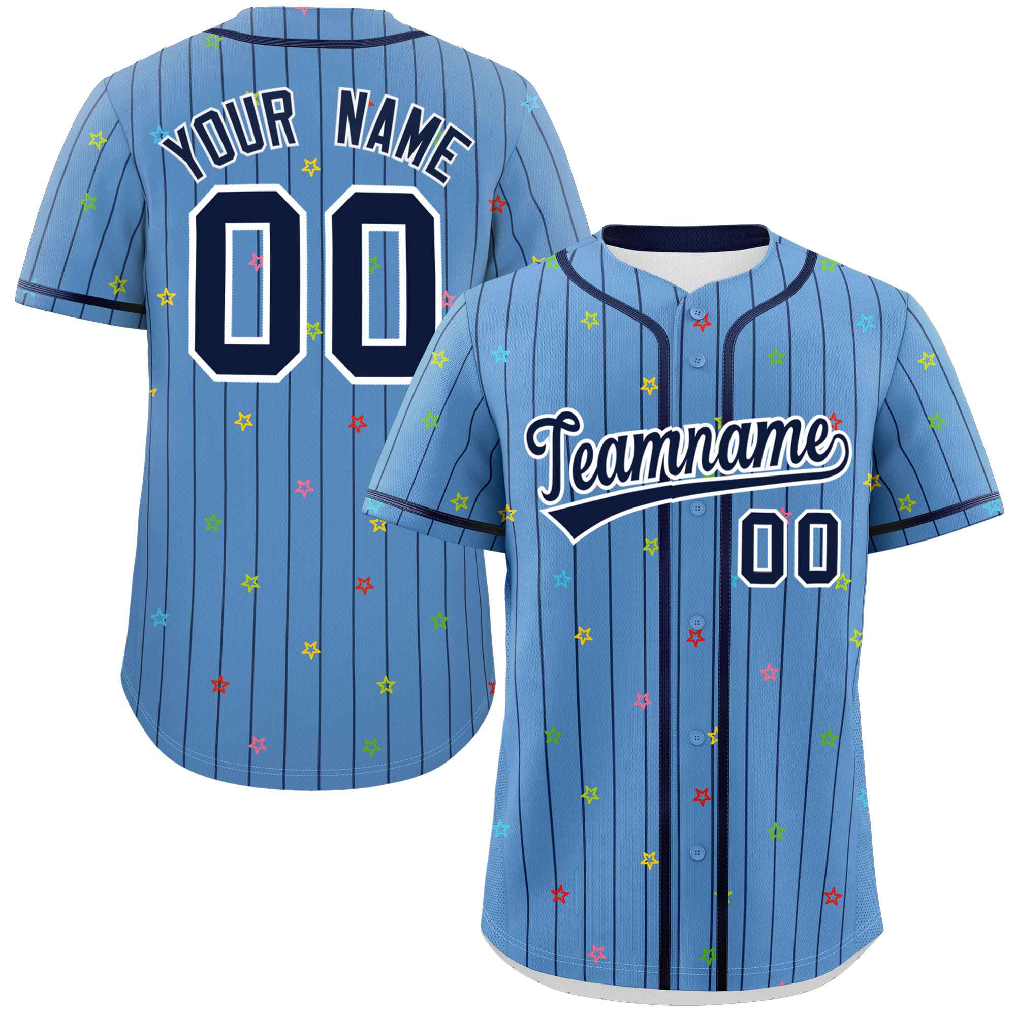 Custom Light Blue Navy Stripe Fashion Personalized Star Pattern Authentic Baseball Jersey