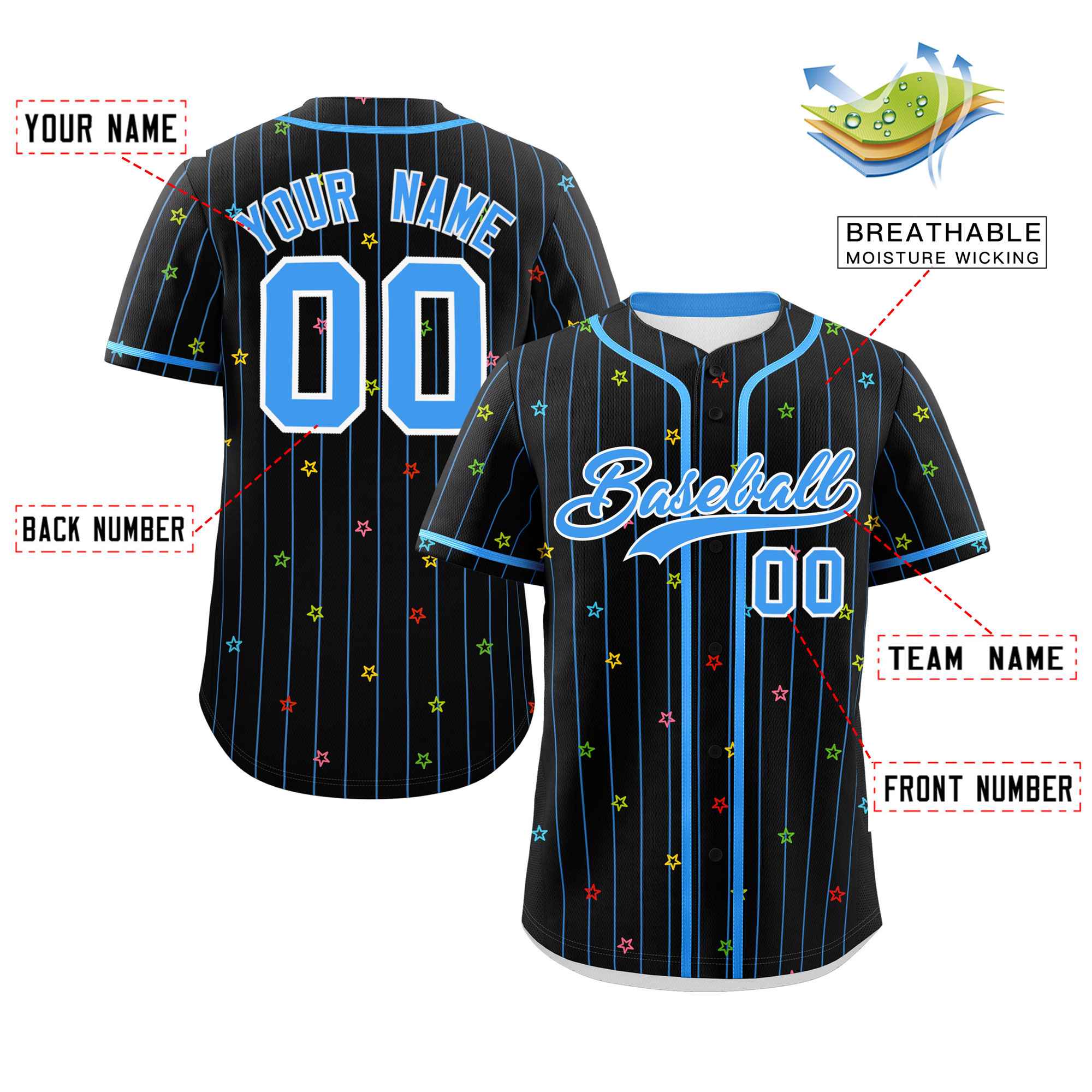 Custom Black Powder Blue Stripe Fashion Personalized Star Pattern Authentic Baseball Jersey