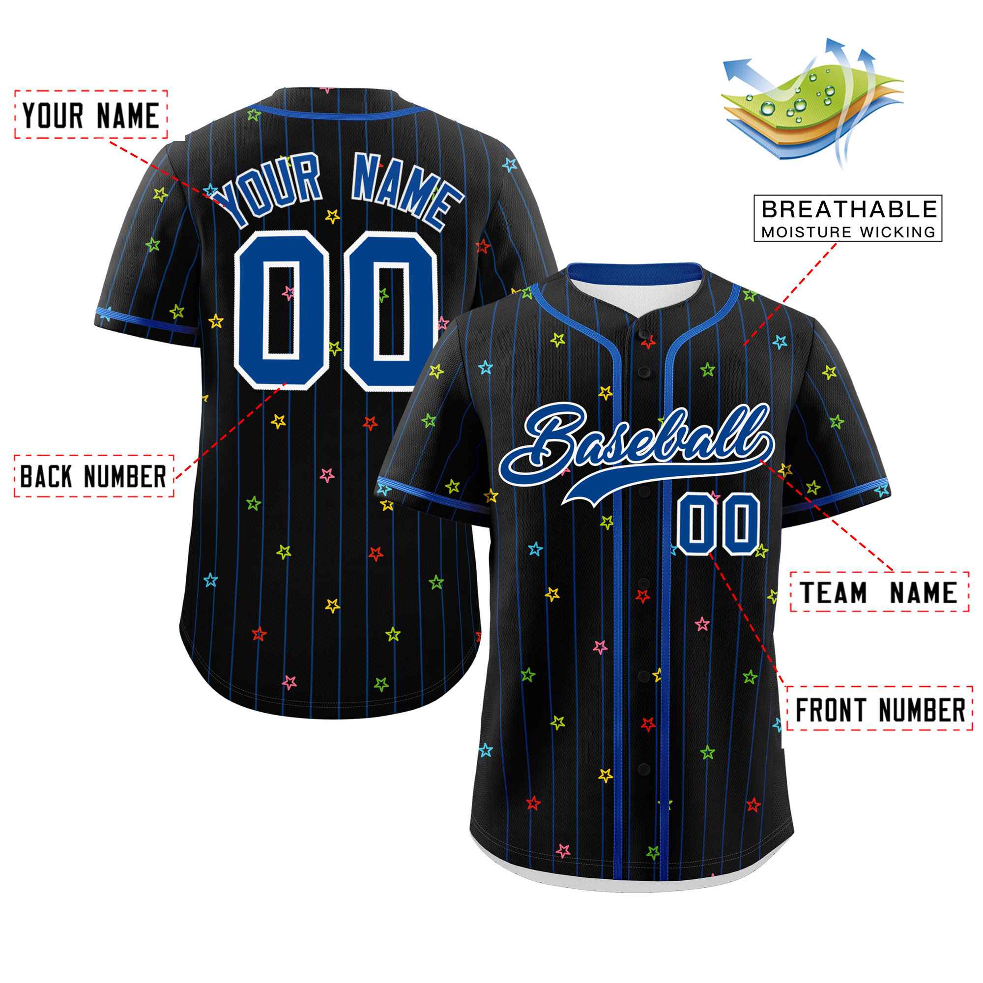 Custom Black Royal Stripe Fashion Personalized Star Pattern Authentic Baseball Jersey