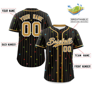 Custom Black Old Gold Stripe Fashion Personalized Star Pattern Authentic Baseball Jersey