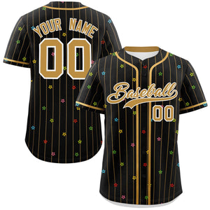 Custom Black Old Gold Stripe Fashion Personalized Star Pattern Authentic Baseball Jersey