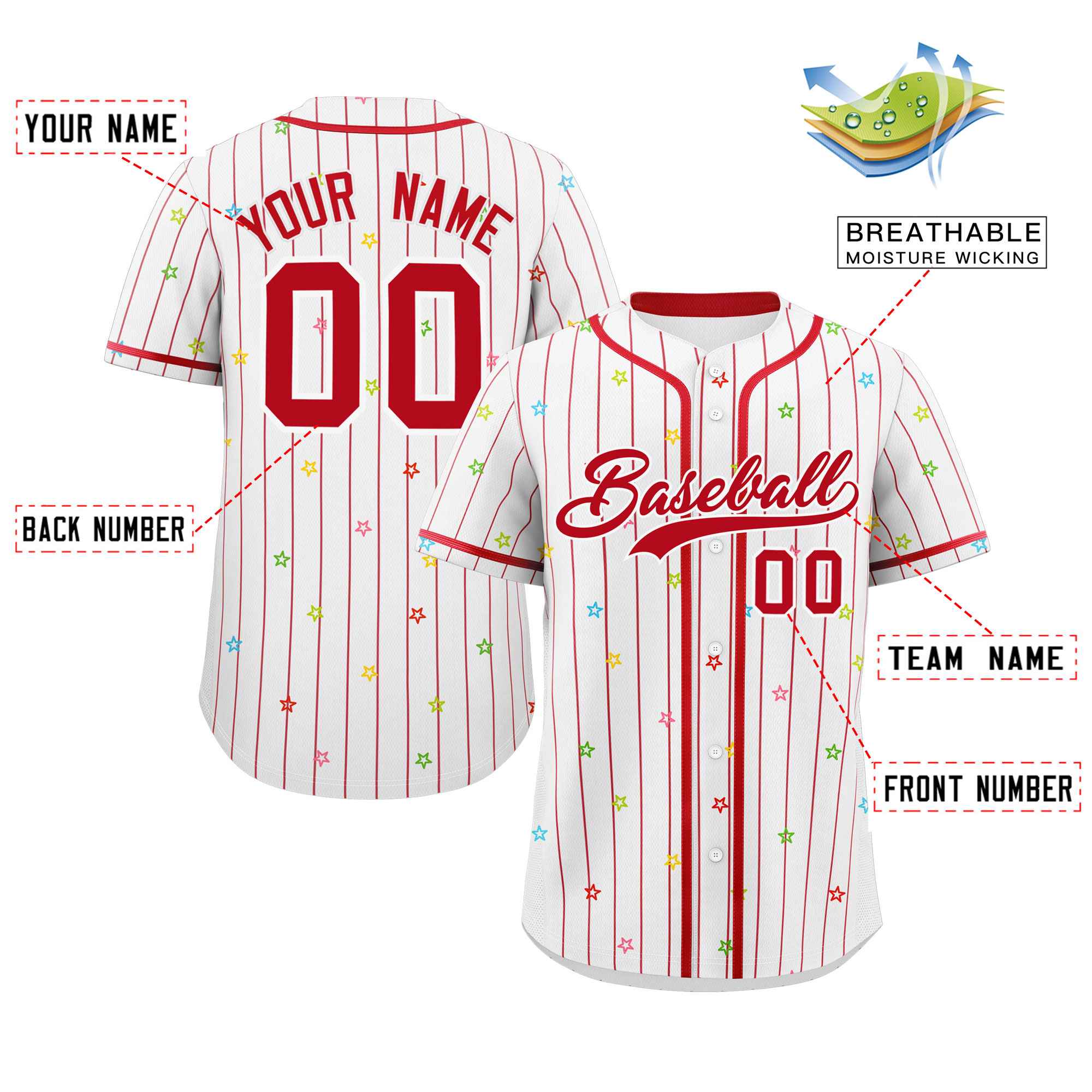 Custom White Red Stripe Fashion Personalized Star Pattern Authentic Baseball Jersey