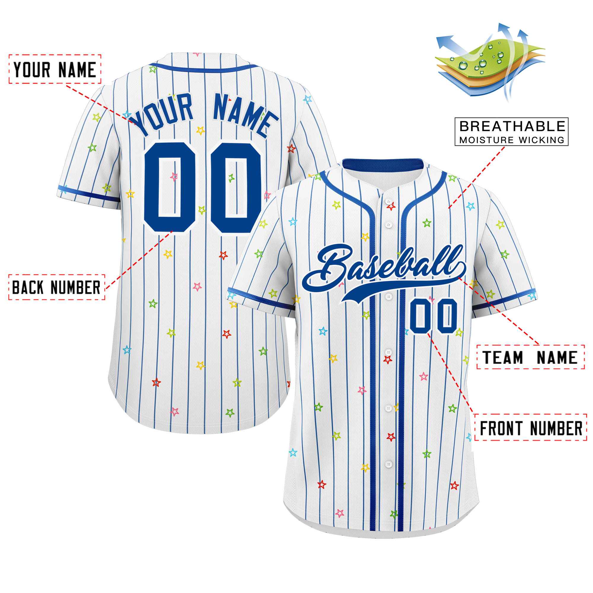 Custom White Royal Stripe Fashion Personalized Star Pattern Authentic Baseball Jersey