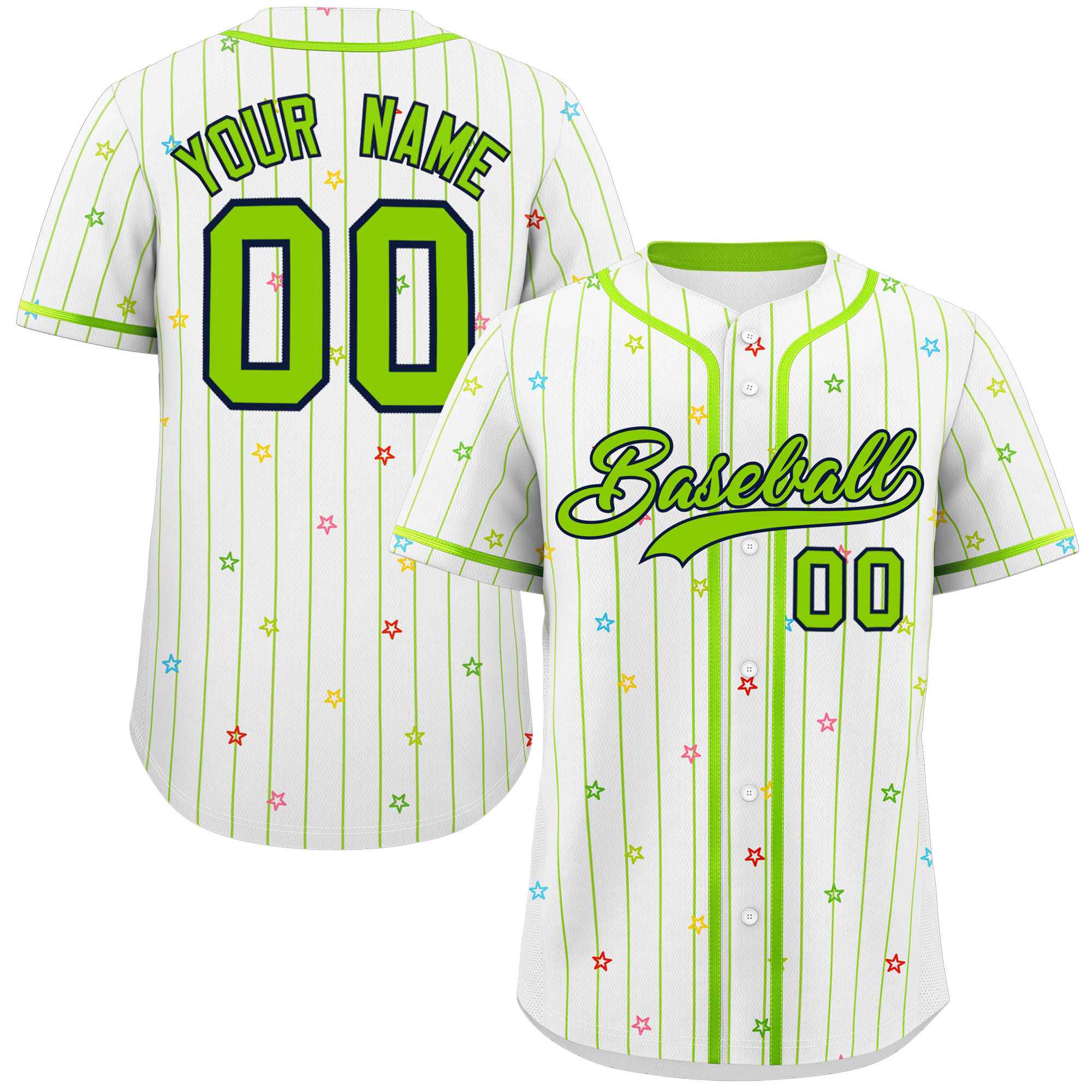 Custom White Neon Green Stripe Fashion Personalized Star Pattern Authentic Baseball Jersey