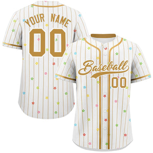 Custom White Old Gold Stripe Fashion Personalized Star Pattern Authentic Baseball Jersey