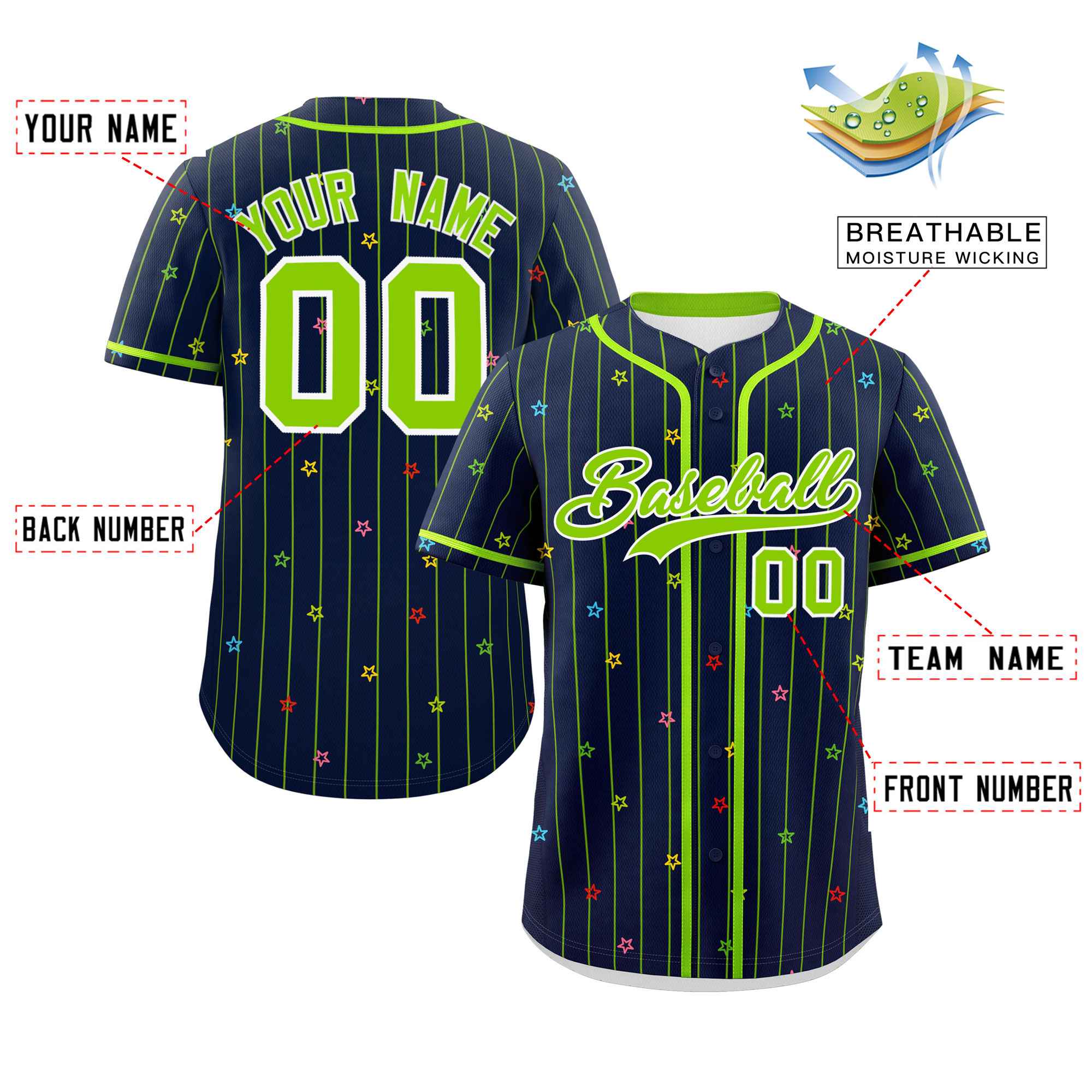 Custom Navy Neon Green Stripe Fashion Personalized Star Pattern Authentic Baseball Jersey