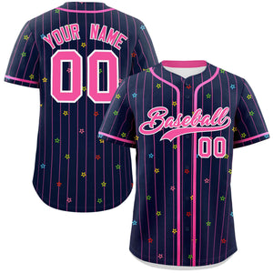 Custom Navy Pink Stripe Fashion Personalized Star Pattern Authentic Baseball Jersey