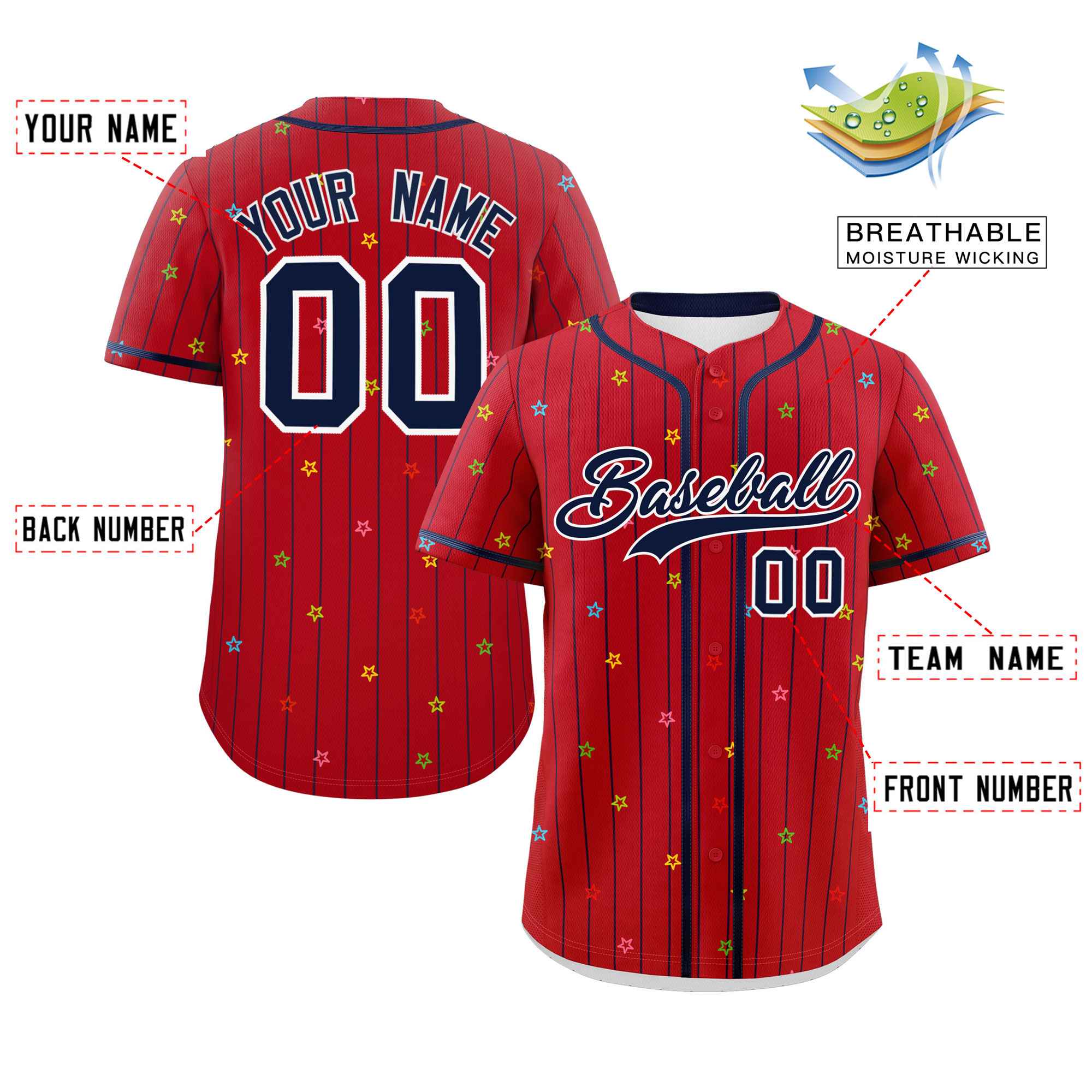 Custom Red Navy Stripe Fashion Personalized Star Pattern Authentic Baseball Jersey