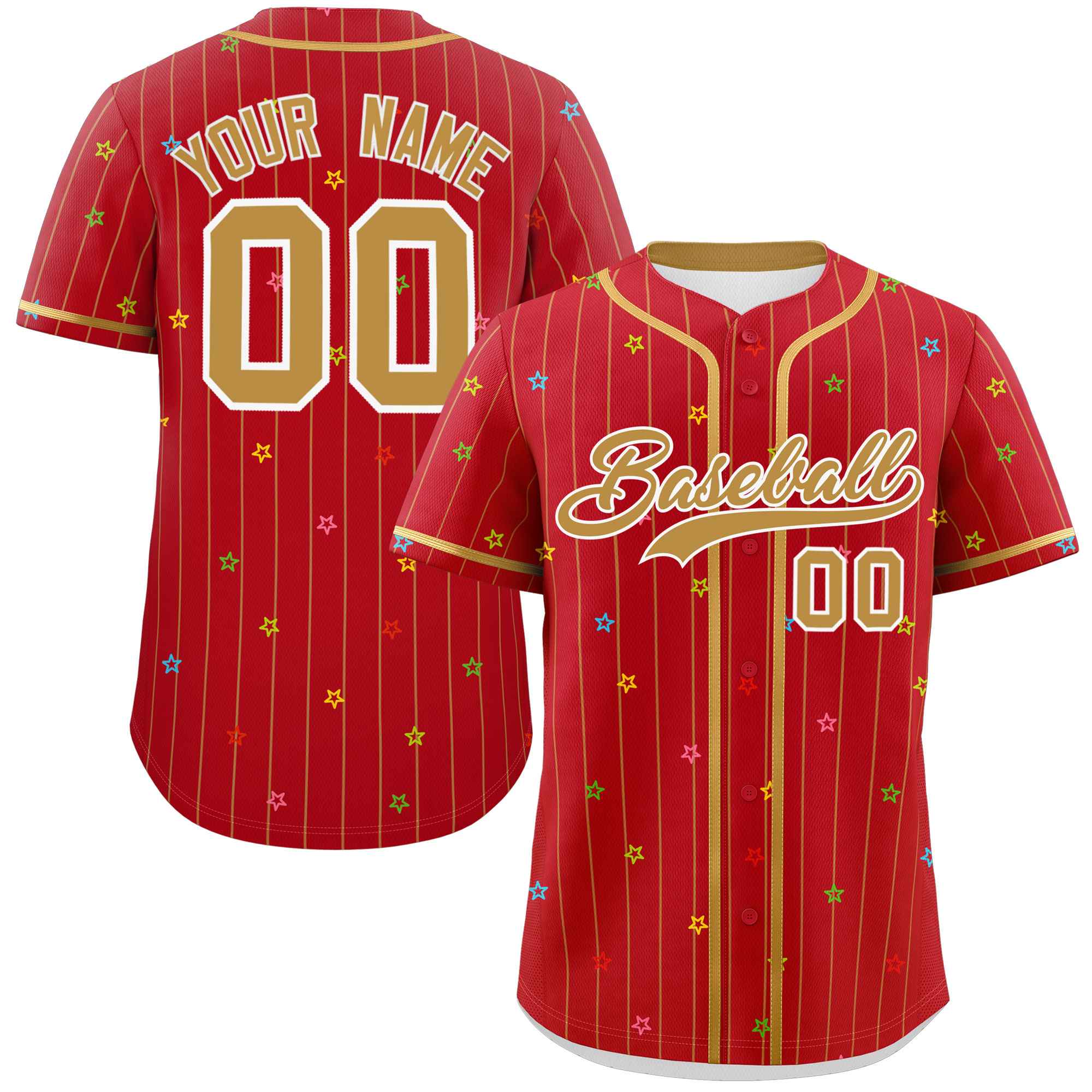 Custom Red Old Gold Stripe Fashion Personalized Star Pattern Authentic Baseball Jersey