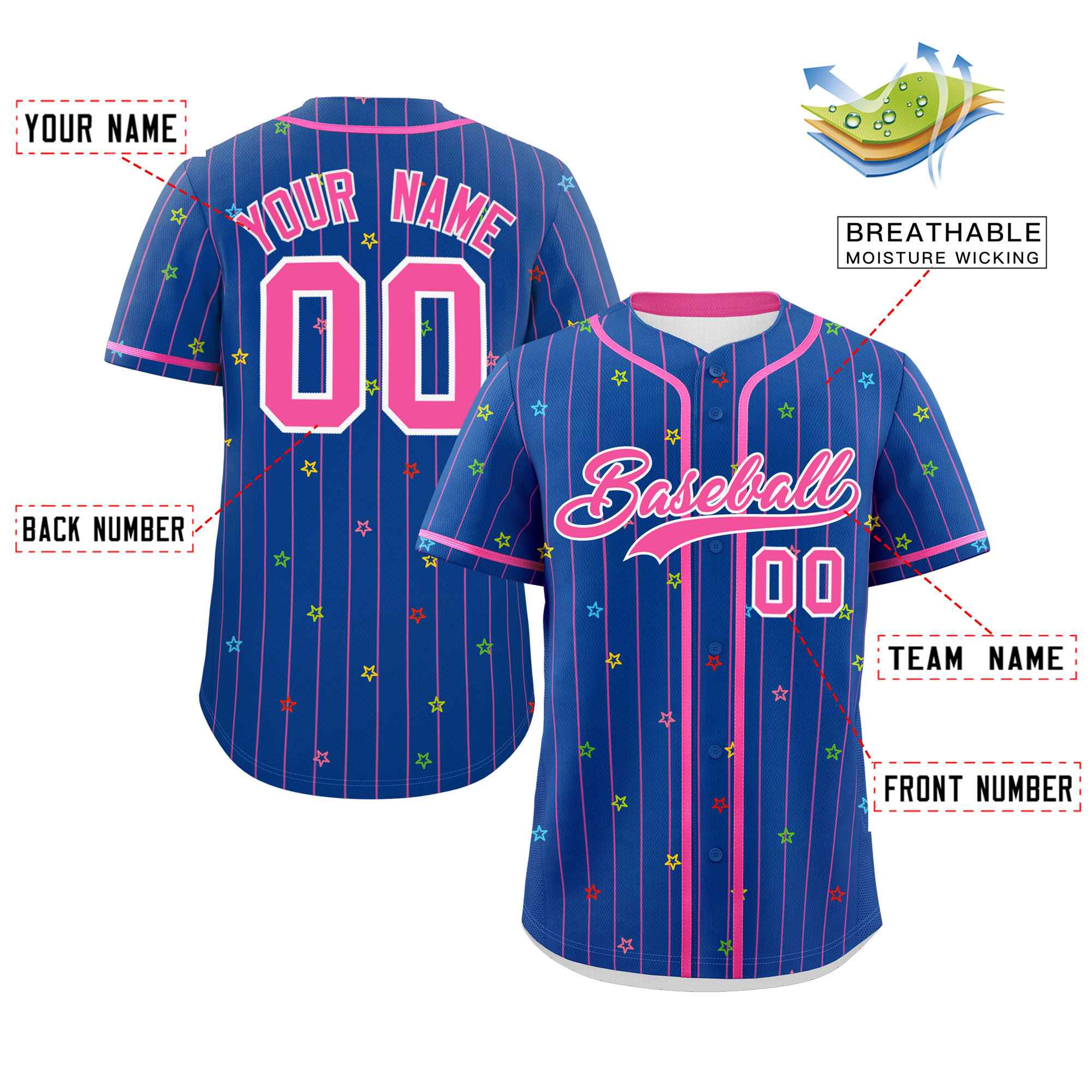 Custom Royal Pink Stripe Fashion Personalized Star Pattern Authentic Baseball Jersey