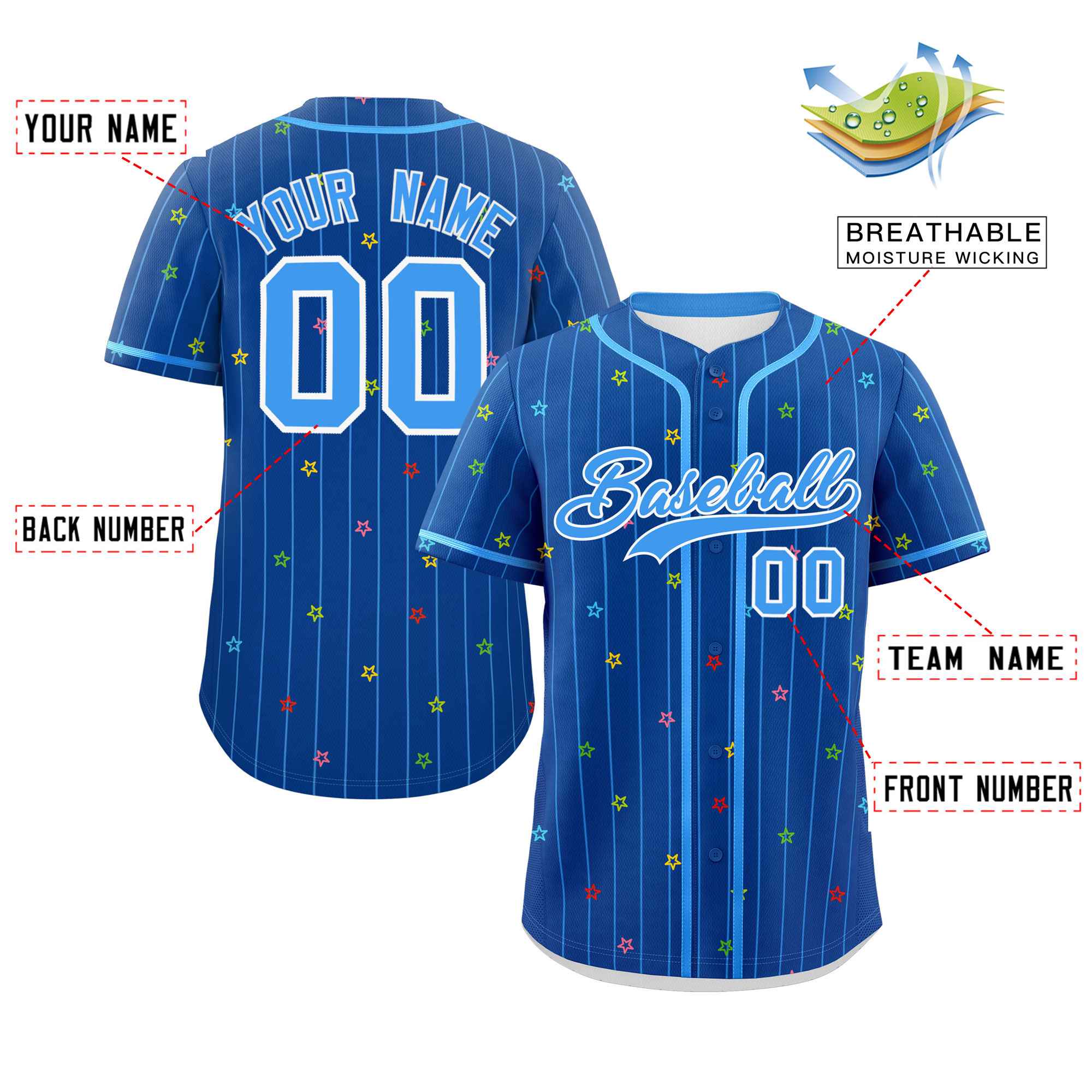 Custom Royal Powder Blue Stripe Fashion Personalized Star Pattern Authentic Baseball Jersey