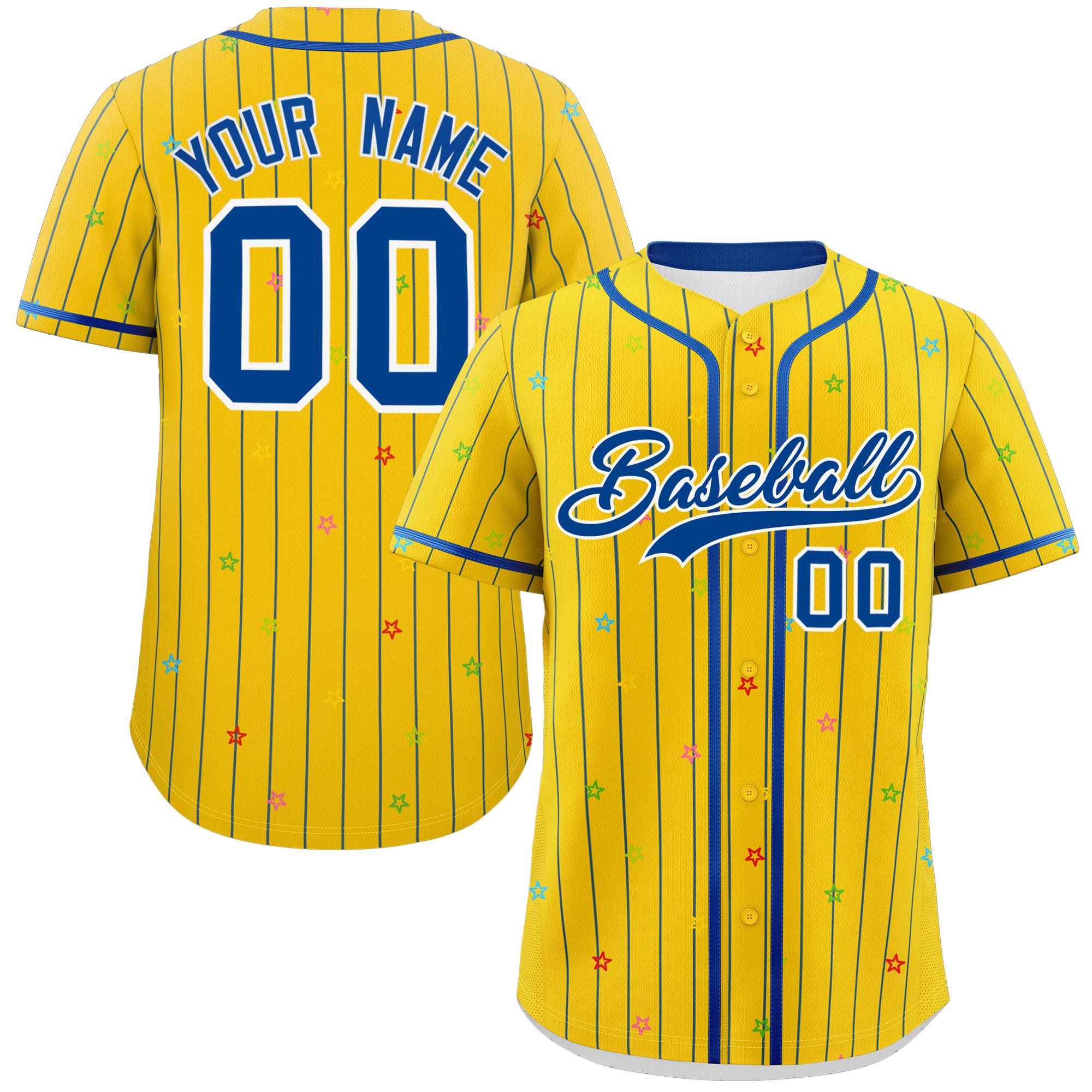 Custom Gold Royal Stripe Fashion Personalized Star Pattern Authentic Baseball Jersey