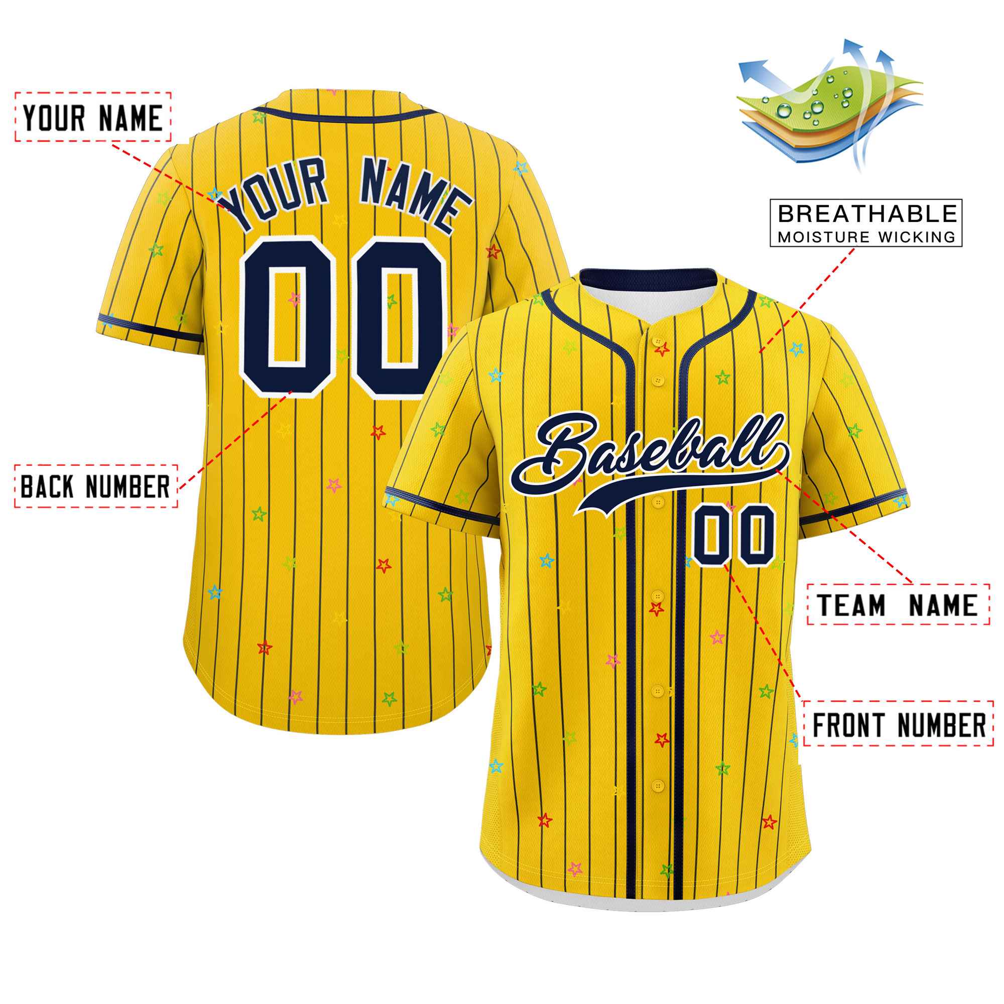 Custom Gold Navy Stripe Fashion Personalized Star Pattern Authentic Baseball Jersey