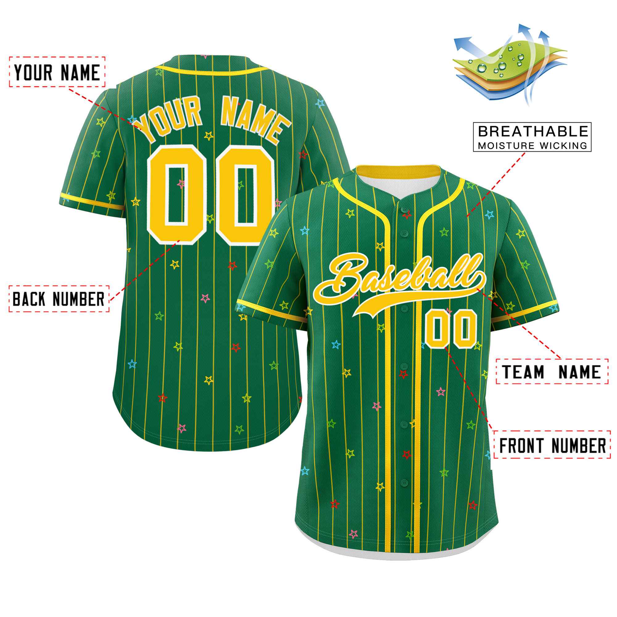 Custom Kelly Green Gold Stripe Fashion Personalized Star Pattern Authentic Baseball Jersey