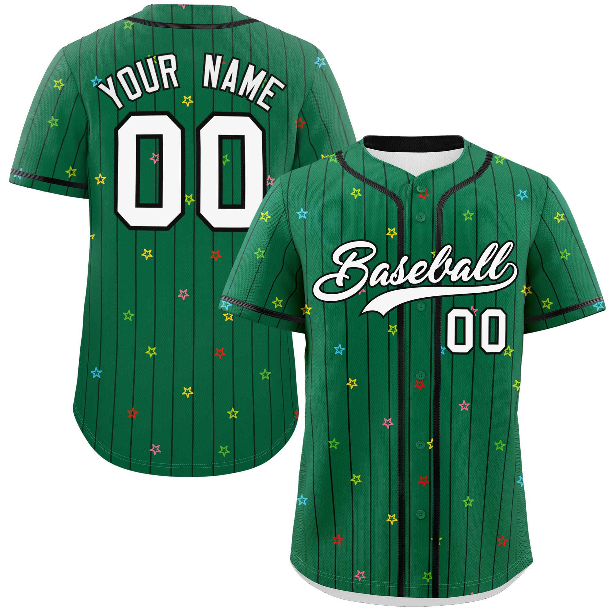 Custom Kelly Green Black Stripe Fashion Personalized Star Pattern Authentic Baseball Jersey