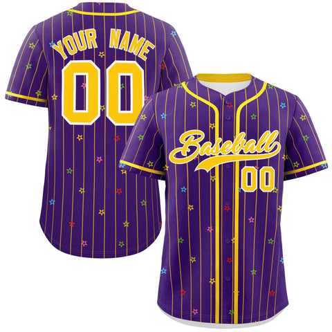 Custom Purple Gold Stripe Fashion Personalized Star Pattern Authentic Baseball Jersey