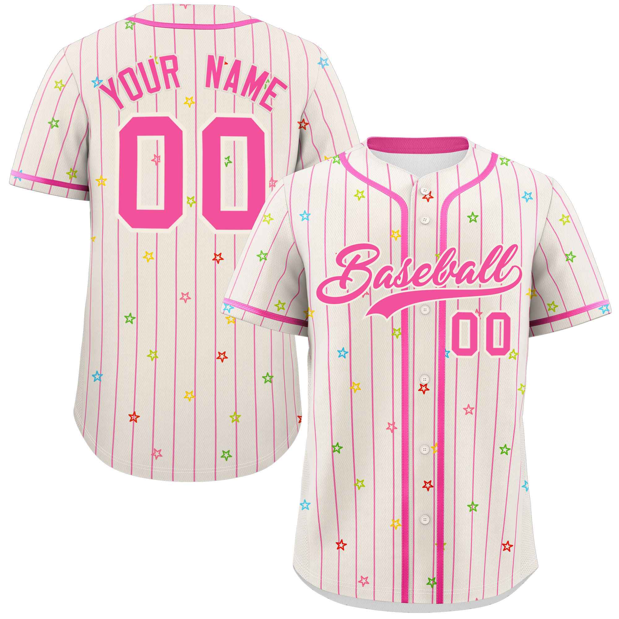 Custom Cream Pink Stripe Fashion Personalized Star Pattern Authentic Baseball Jersey