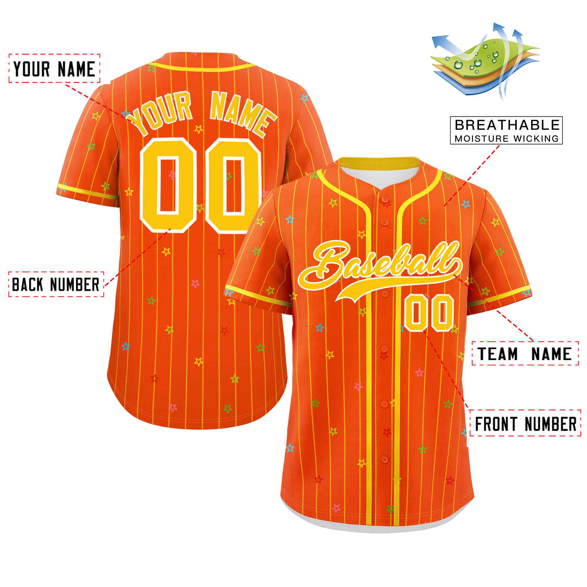 Custom Orange Gold Stripe Fashion Personalized Star Pattern Authentic Baseball Jersey