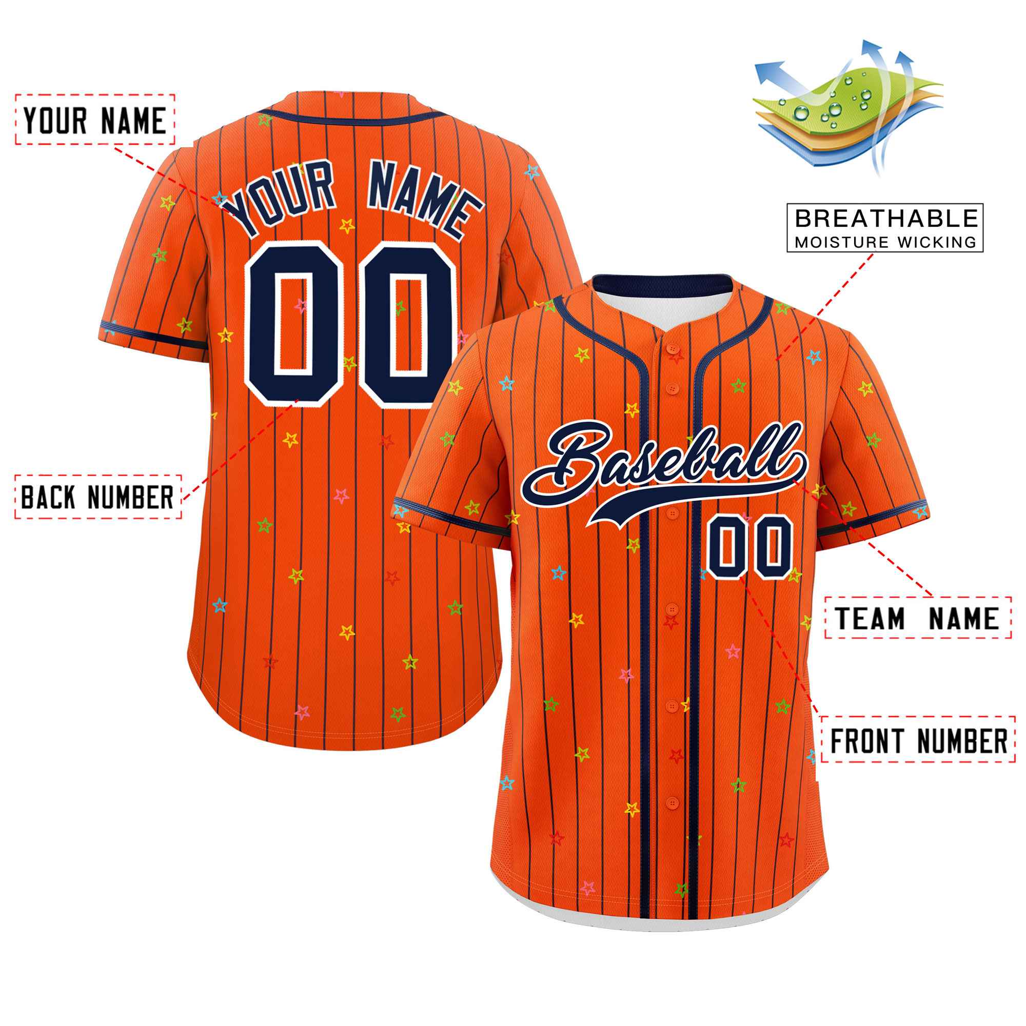 Custom Orange Navy Stripe Fashion Personalized Star Pattern Authentic Baseball Jersey