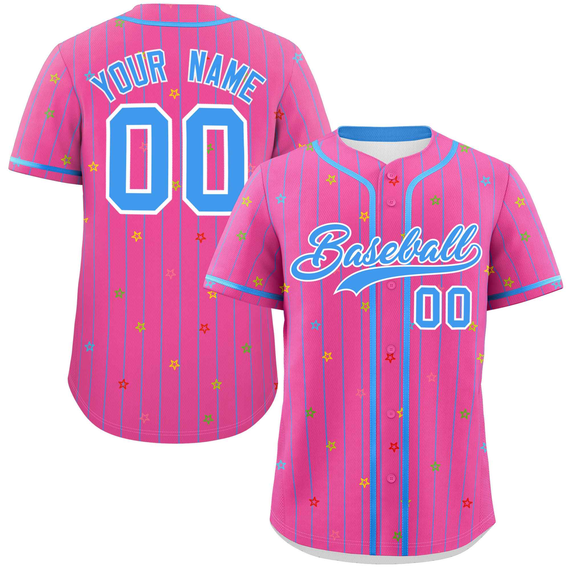 Custom Pink Powder Blue Stripe Fashion Personalized Star Pattern Authentic Baseball Jersey