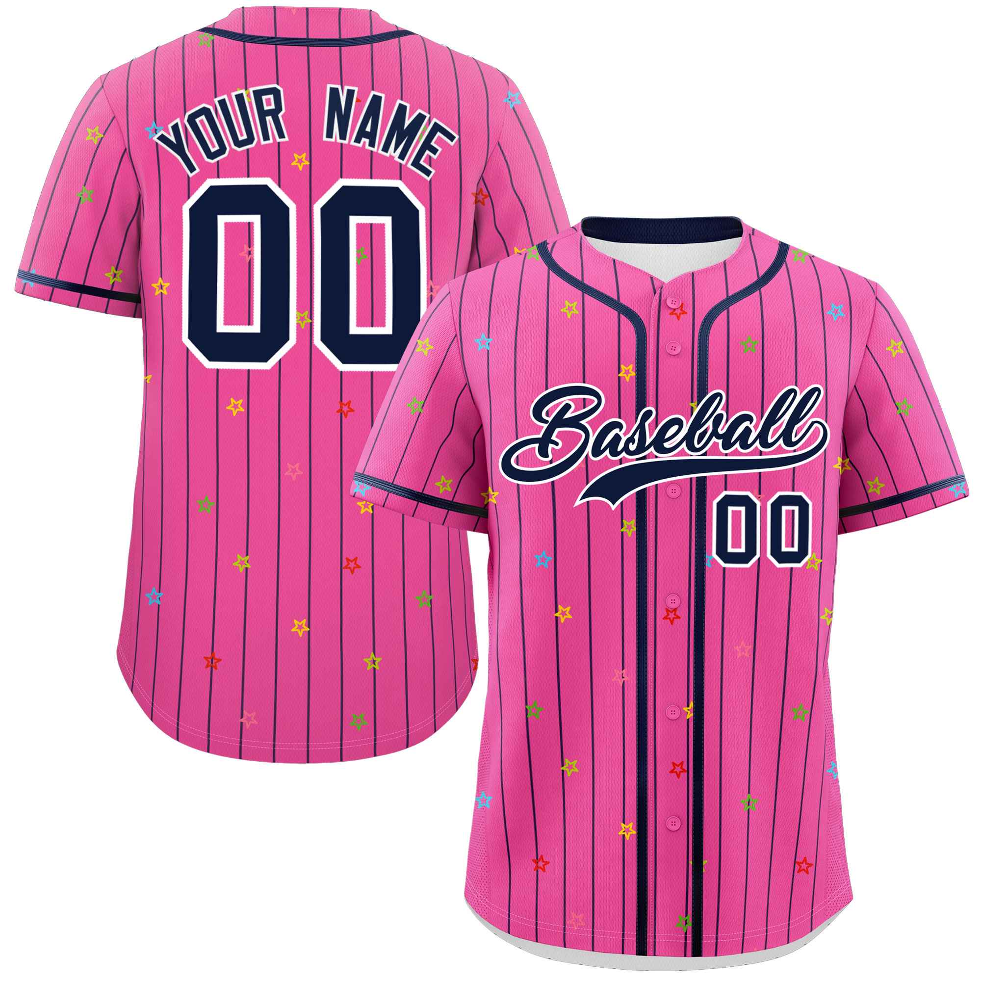 Custom Pink Navy Stripe Fashion Personalized Star Pattern Authentic Baseball Jersey