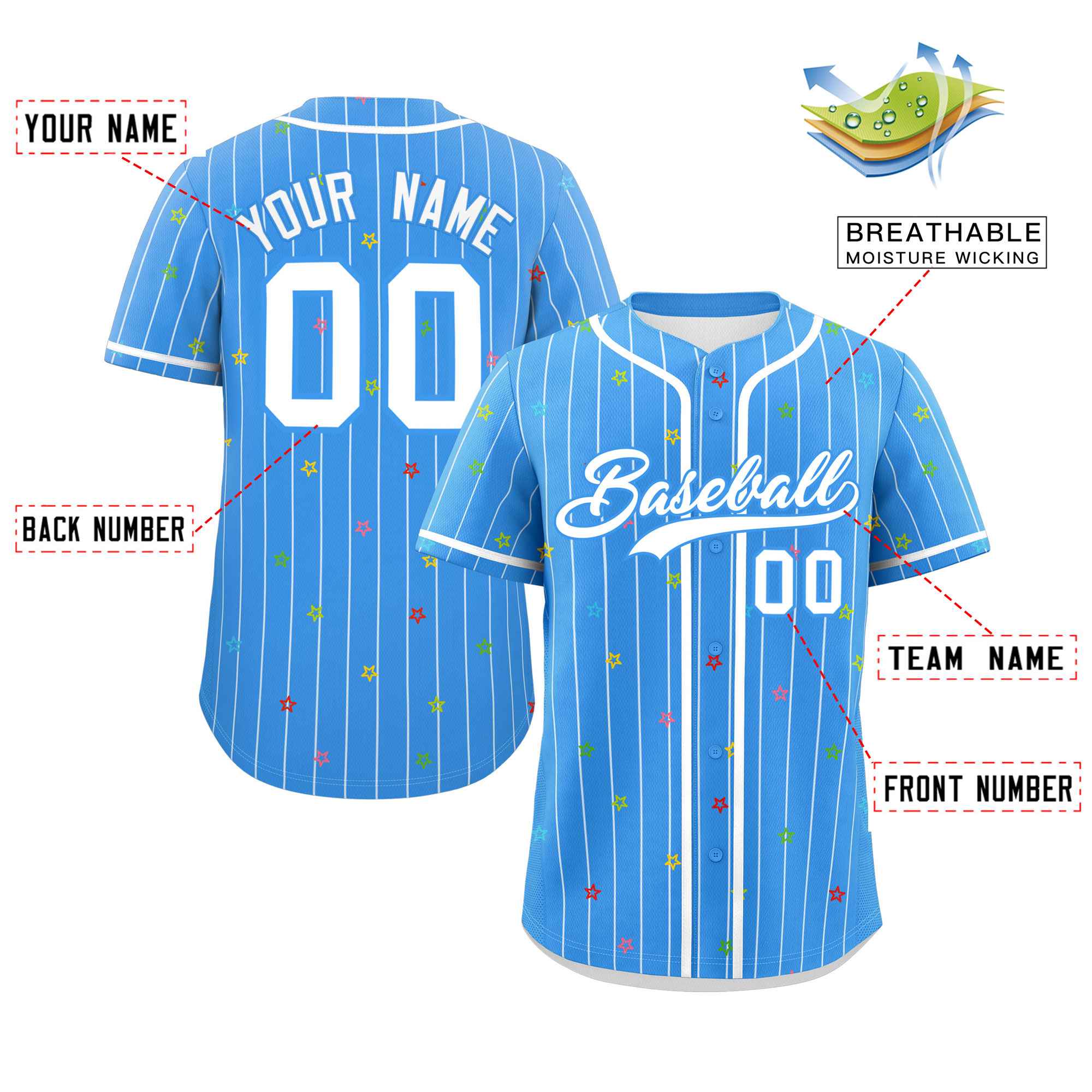 Custom Powder Blue White Stripe Fashion Personalized Star Pattern Authentic Baseball Jersey