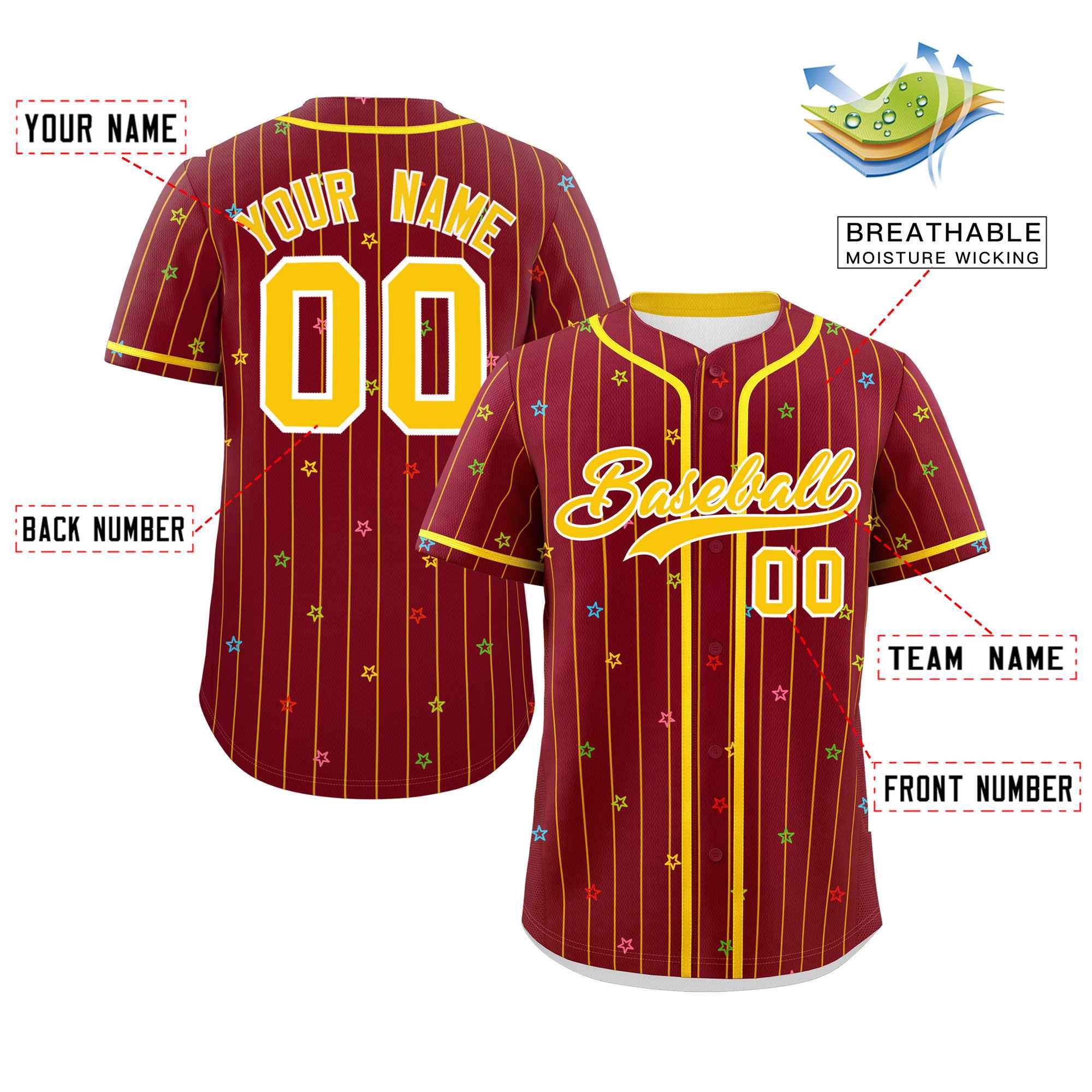 Custom Crimson Gold Stripe Fashion Personalized Star Pattern Authentic Baseball Jersey