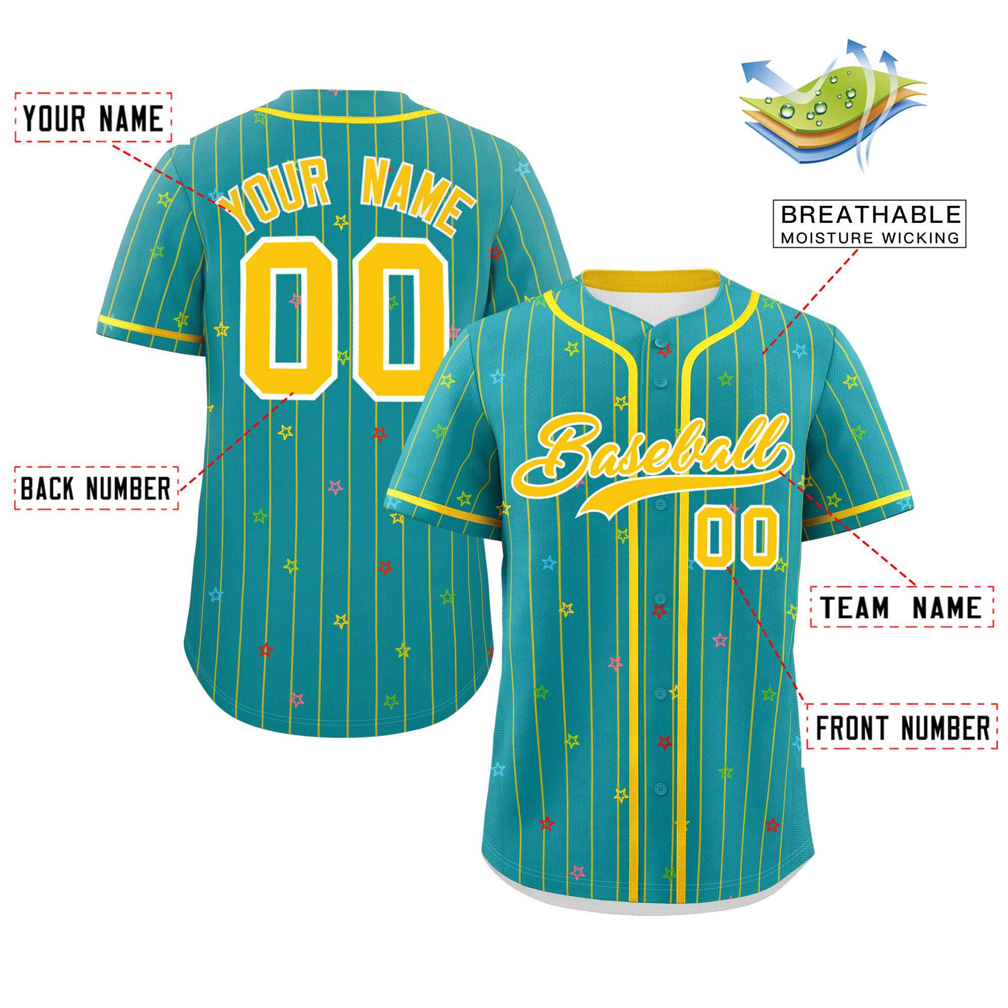 Custom Aqua Gold Stripe Fashion Personalized Star Pattern Authentic Baseball Jersey