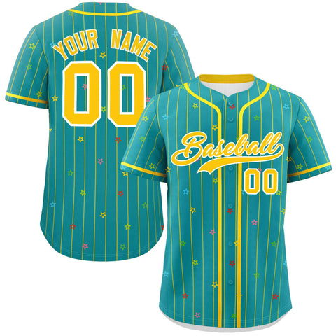 Custom Aqua Gold Stripe Fashion Personalized Star Pattern Authentic Baseball Jersey