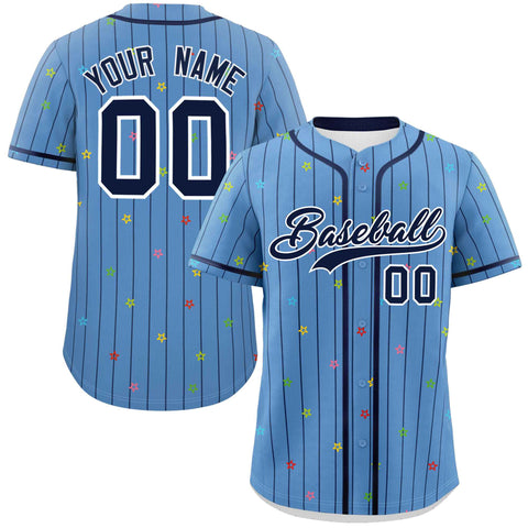 Custom Light Blue Navy Stripe Fashion Personalized Star Pattern Authentic Baseball Jersey