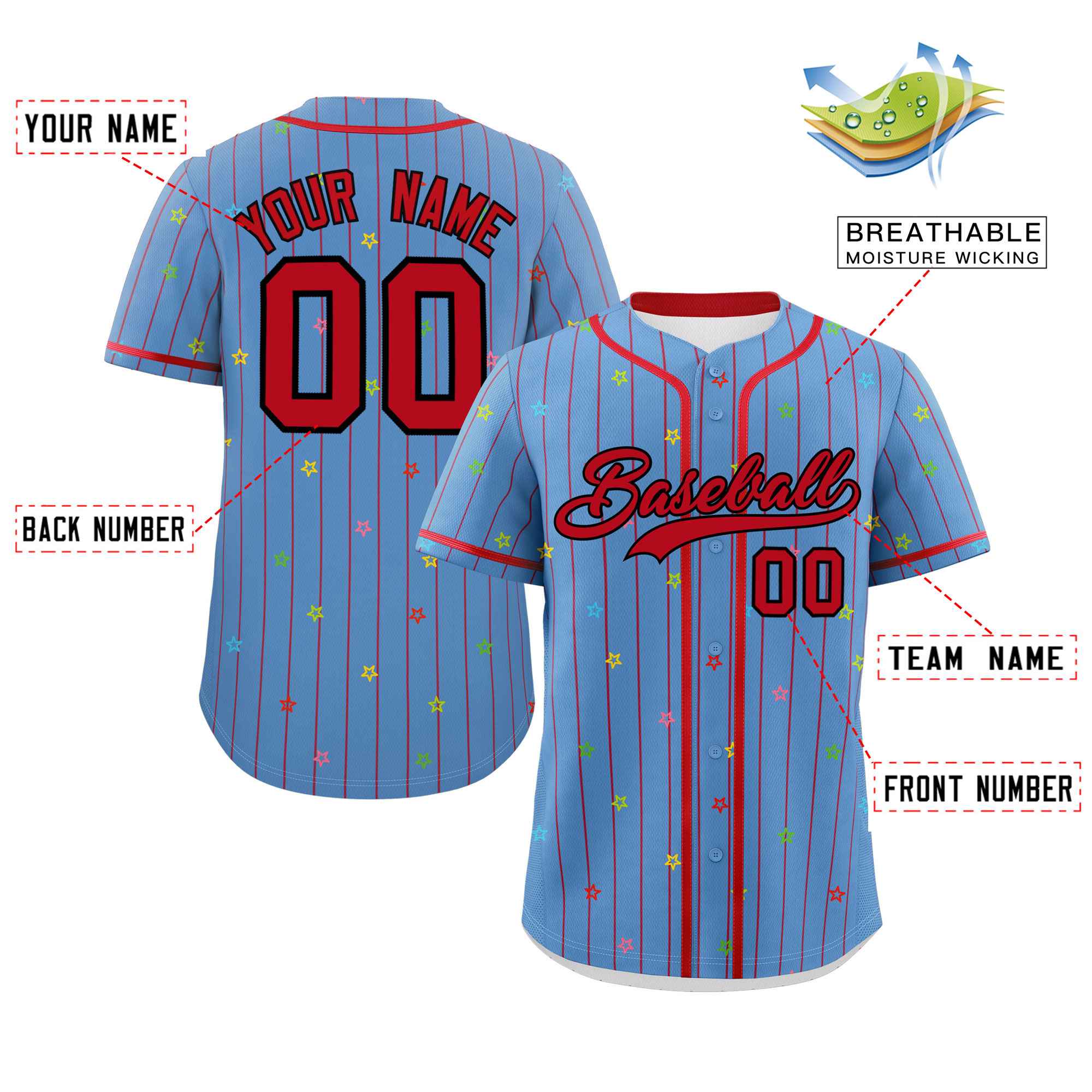 Custom Light Blue Red Stripe Fashion Personalized Star Pattern Authentic Baseball Jersey