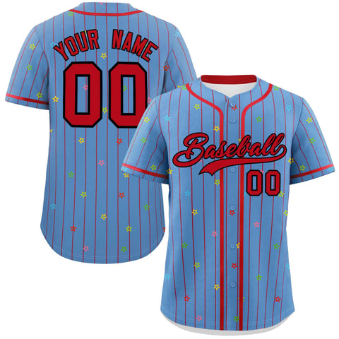 Custom Light Blue Red Stripe Fashion Personalized Star Pattern Authentic Baseball Jersey