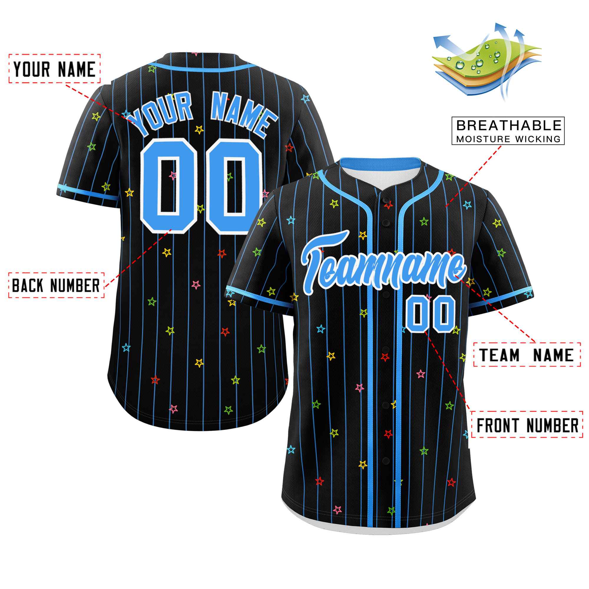 Custom Black Powder Blue Stripe Fashion Personalized Star Pattern Authentic Baseball Jersey