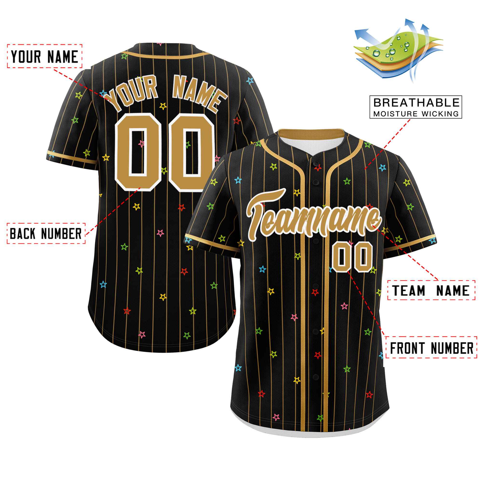 Custom Black Old Gold Stripe Fashion Personalized Star Pattern Authentic Baseball Jersey