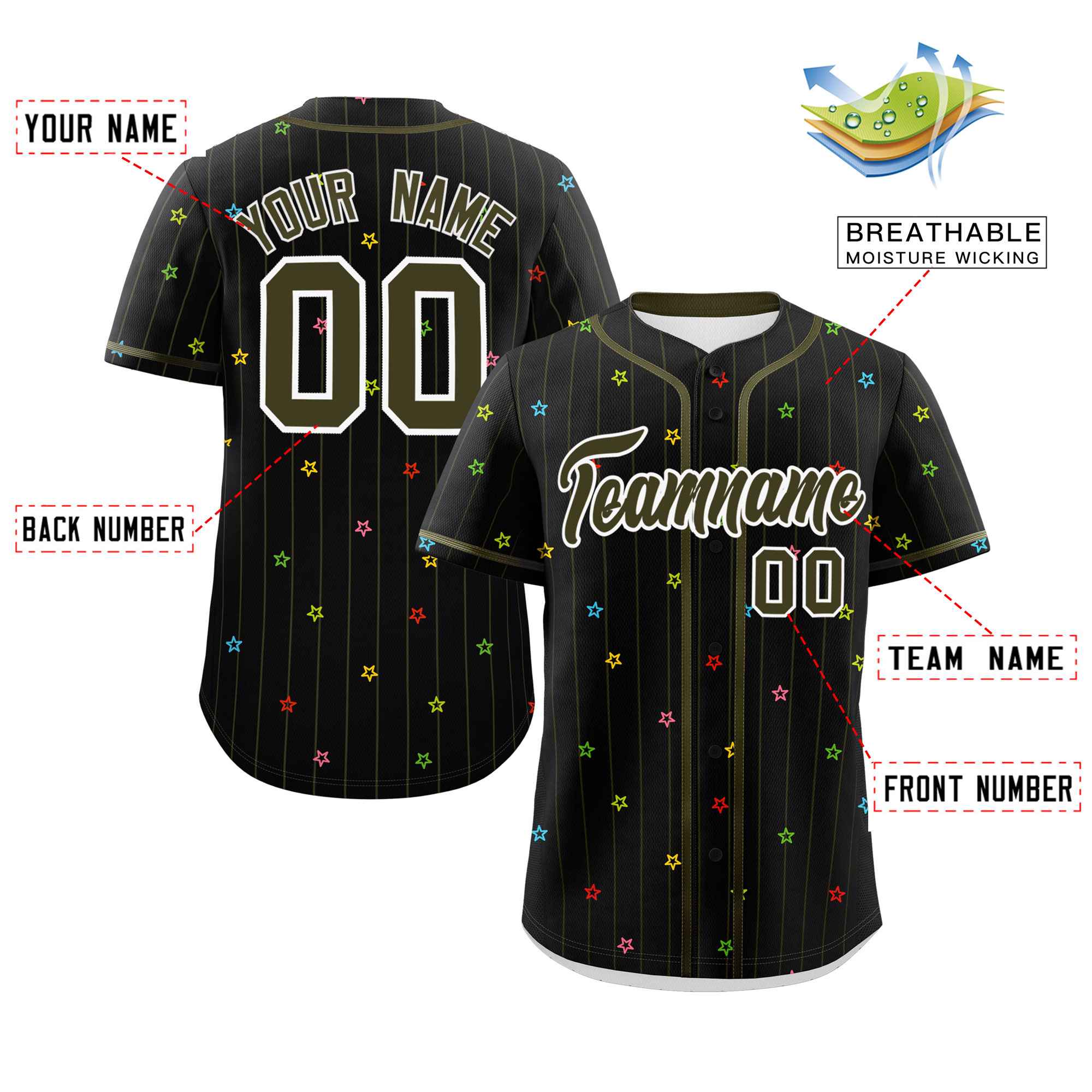 Custom Black Olive Stripe Fashion Personalized Star Pattern Authentic Baseball Jersey