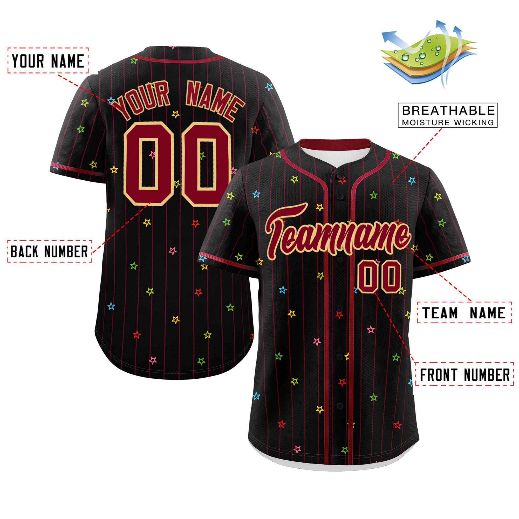 Custom Black Crimson Stripe Fashion Personalized Star Pattern Authentic Baseball Jersey