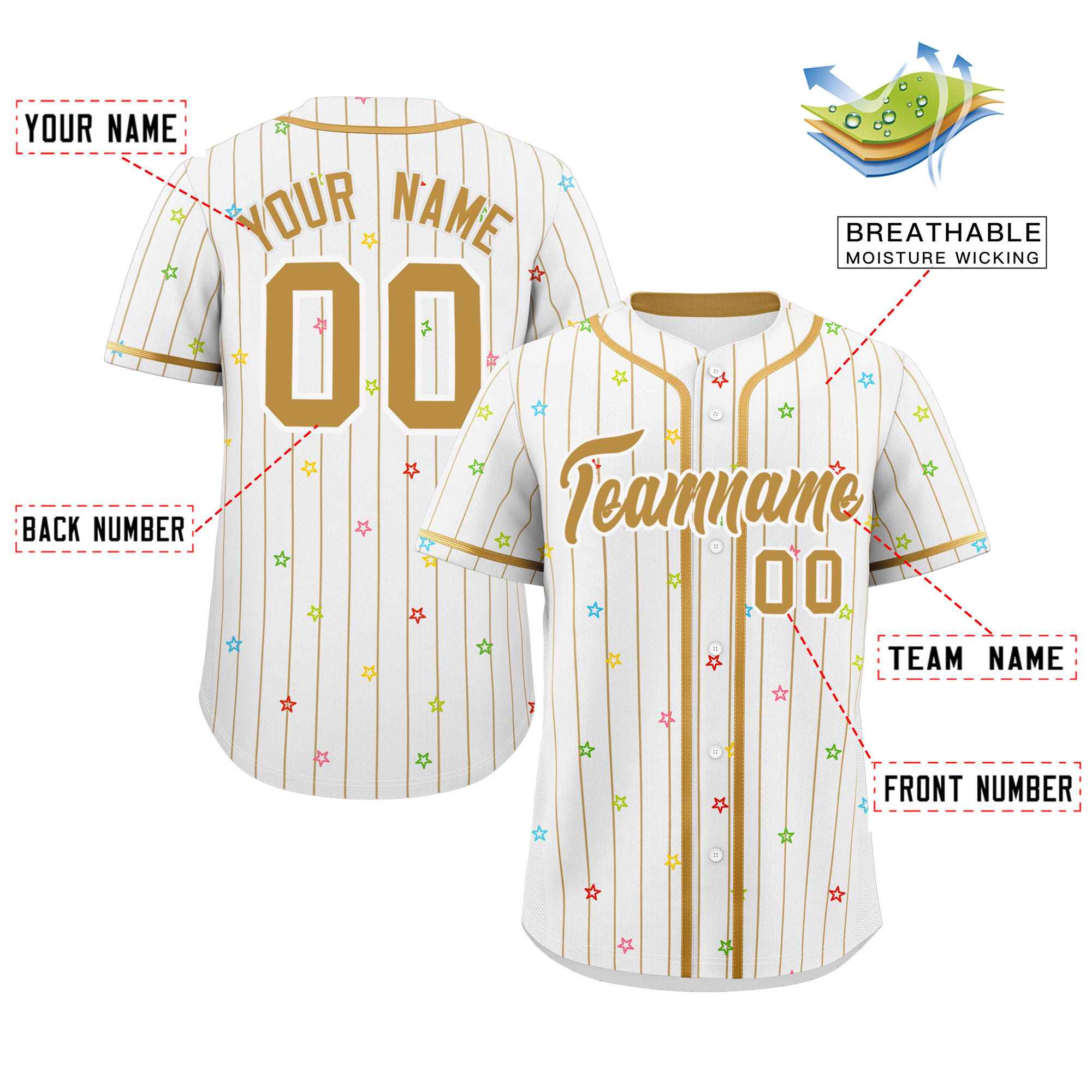 Custom White Old Gold Stripe Fashion Personalized Star Pattern Authentic Baseball Jersey