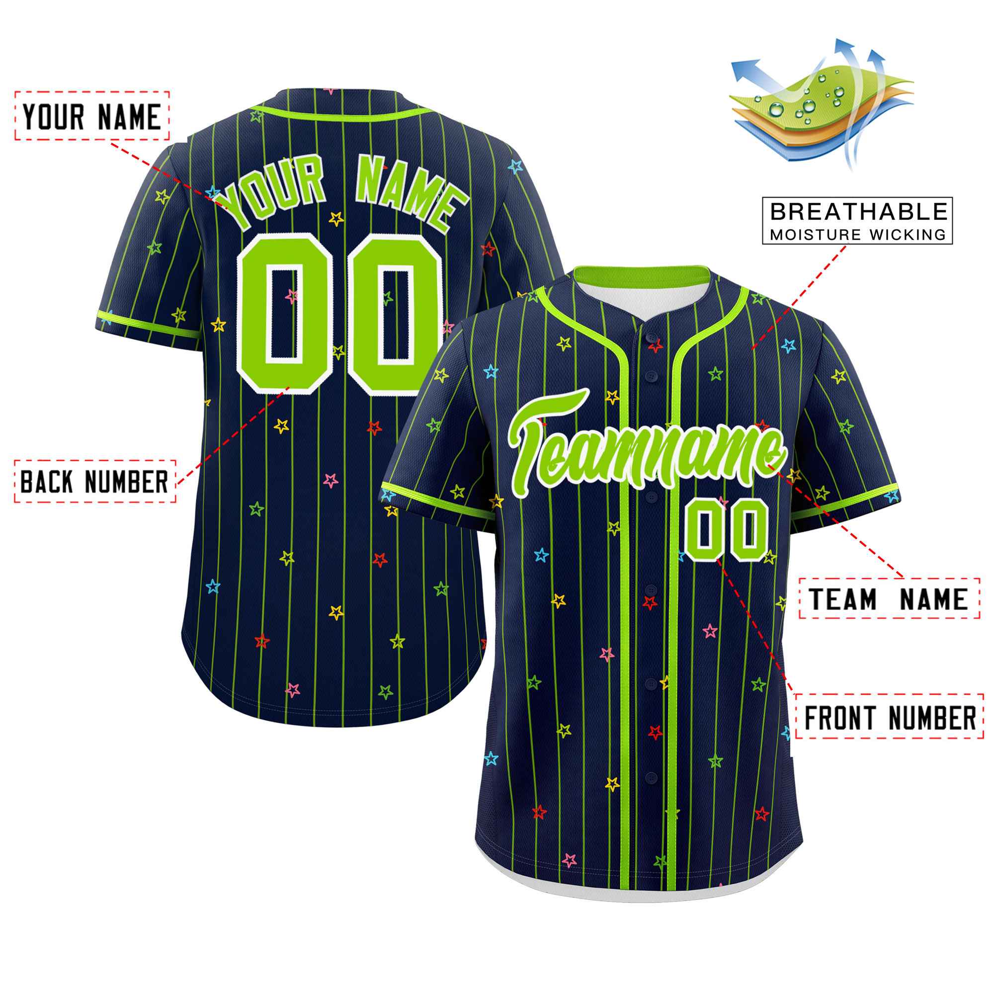 Custom Navy Neon Green Stripe Fashion Personalized Star Pattern Authentic Baseball Jersey