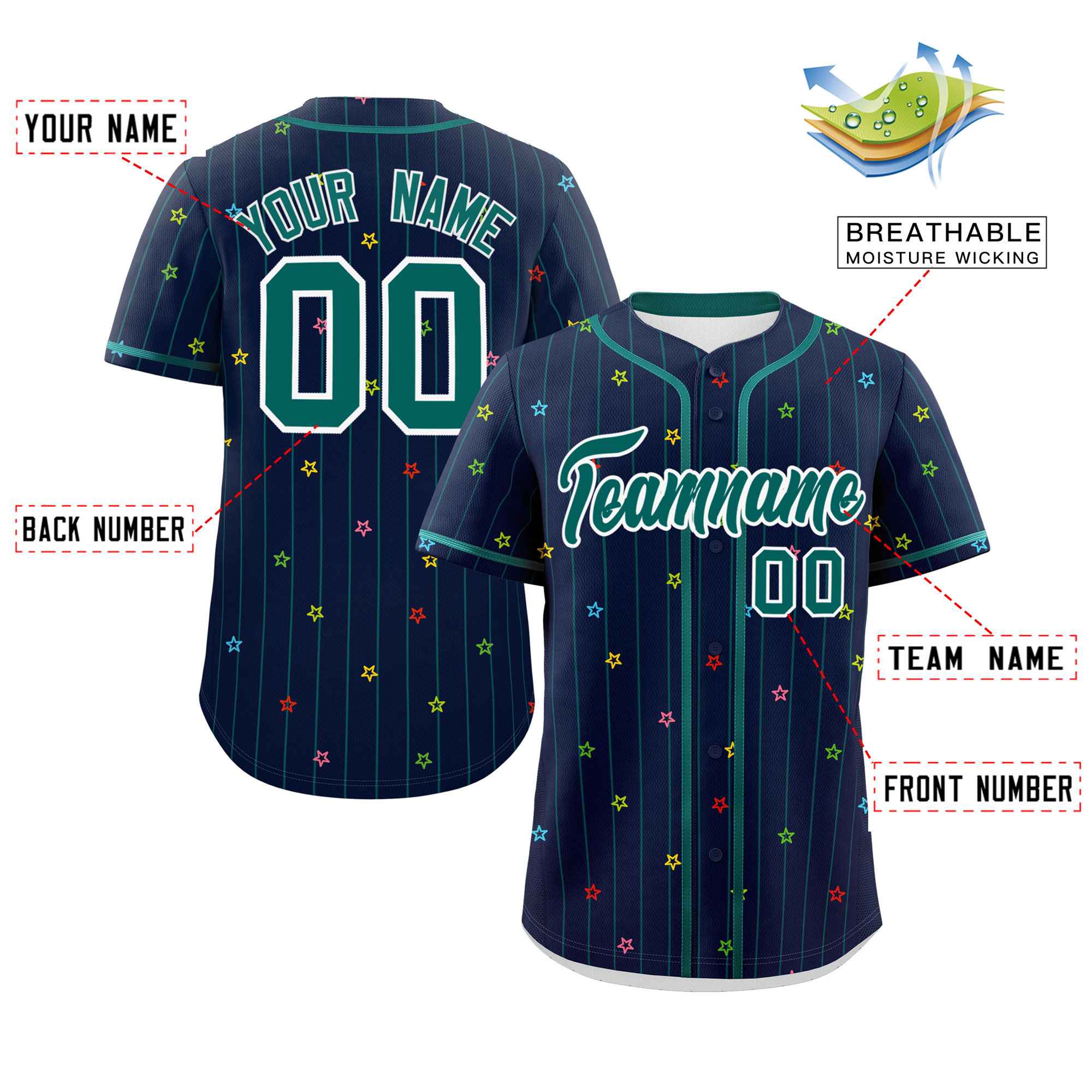 Custom Navy Aqua Stripe Fashion Personalized Star Pattern Authentic Baseball Jersey