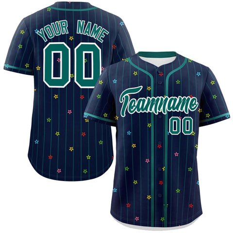Custom Navy Aqua Stripe Fashion Personalized Star Pattern Authentic Baseball Jersey