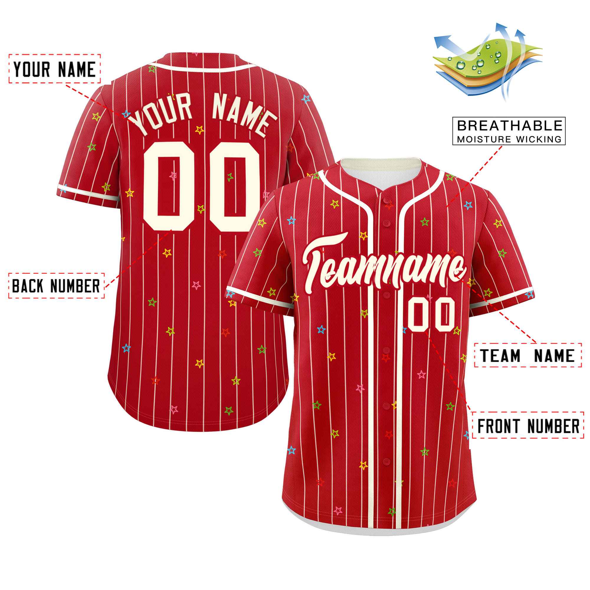 Custom Red Cream Stripe Fashion Personalized Star Pattern Authentic Baseball Jersey