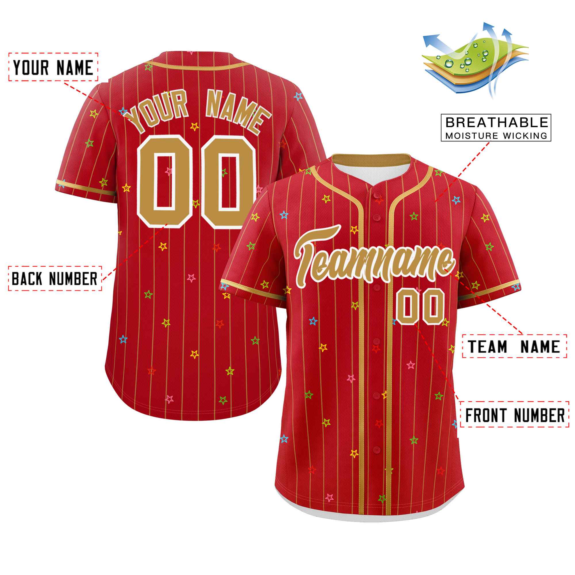 Custom Red Old Gold Stripe Fashion Personalized Star Pattern Authentic Baseball Jersey