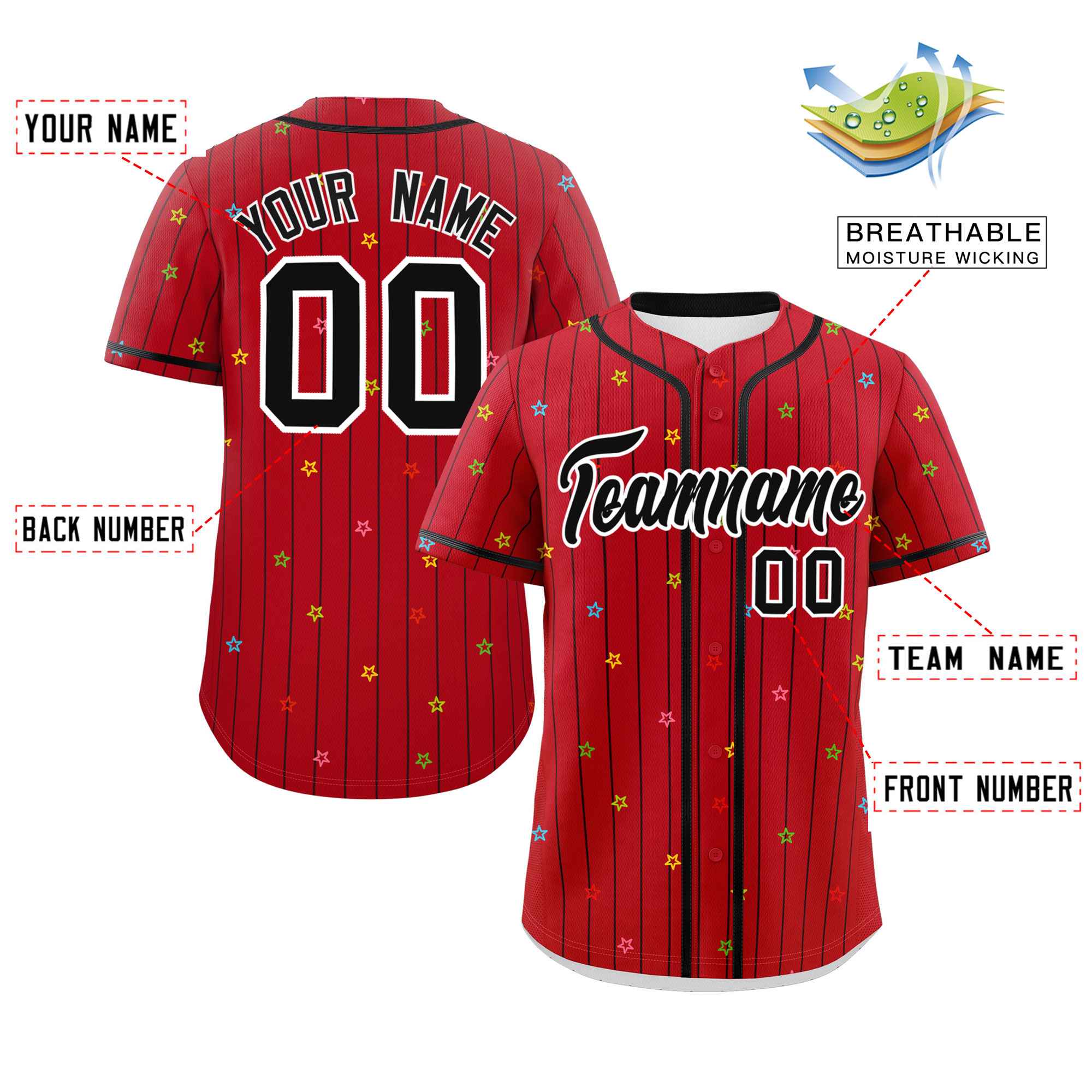 Custom Red Navy Stripe Fashion Personalized Star Pattern Authentic Baseball Jersey