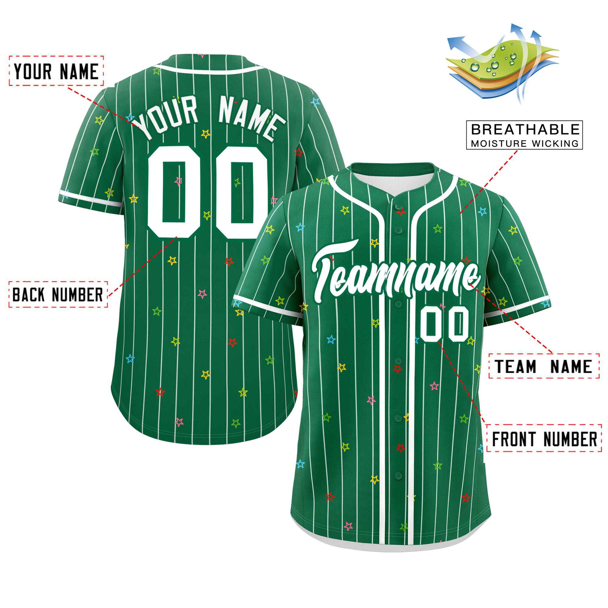 Custom Kelly Green White Stripe Fashion Personalized Star Pattern Authentic Baseball Jersey