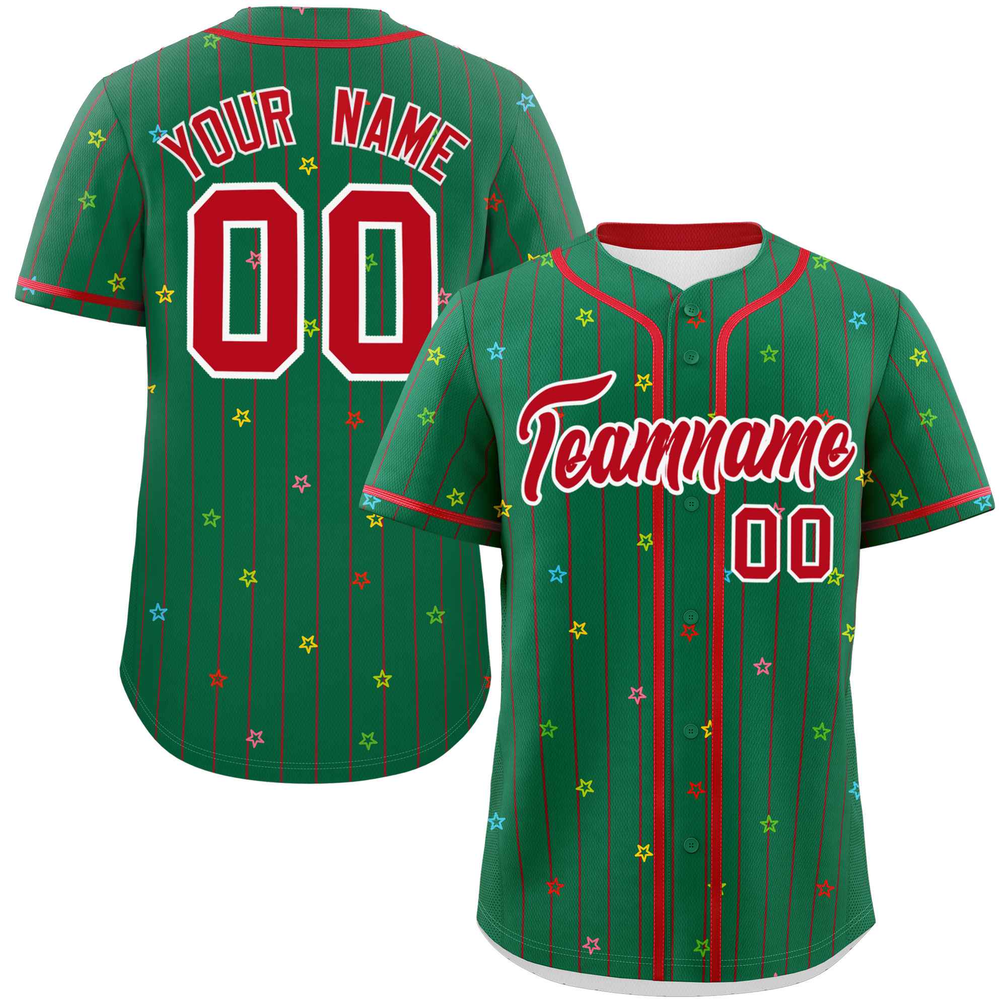 Custom Kelly Green Red Stripe Fashion Personalized Star Pattern Authentic Baseball Jersey